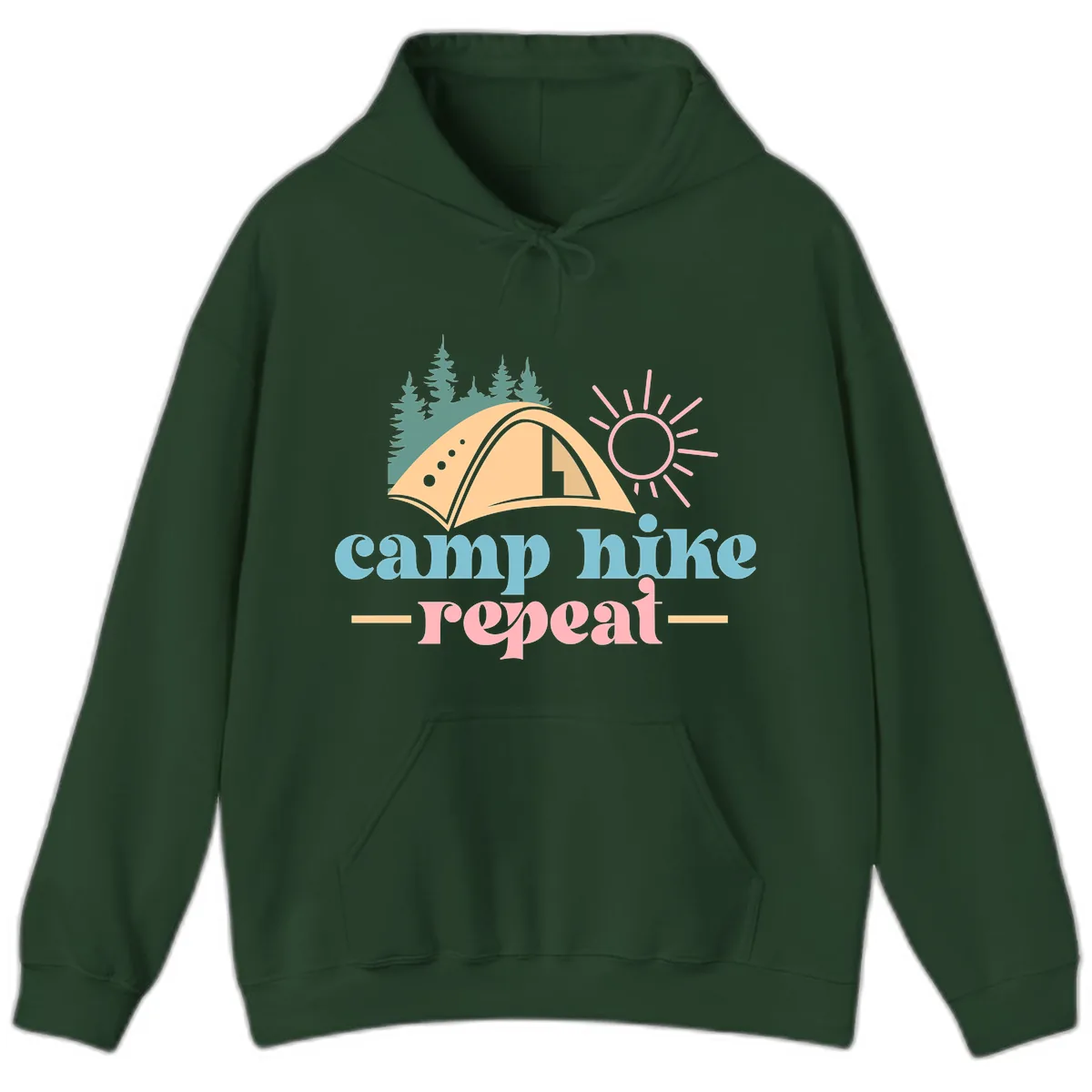 Camp Hike Repeat Mountain Graphic Hoodie in Forest Green