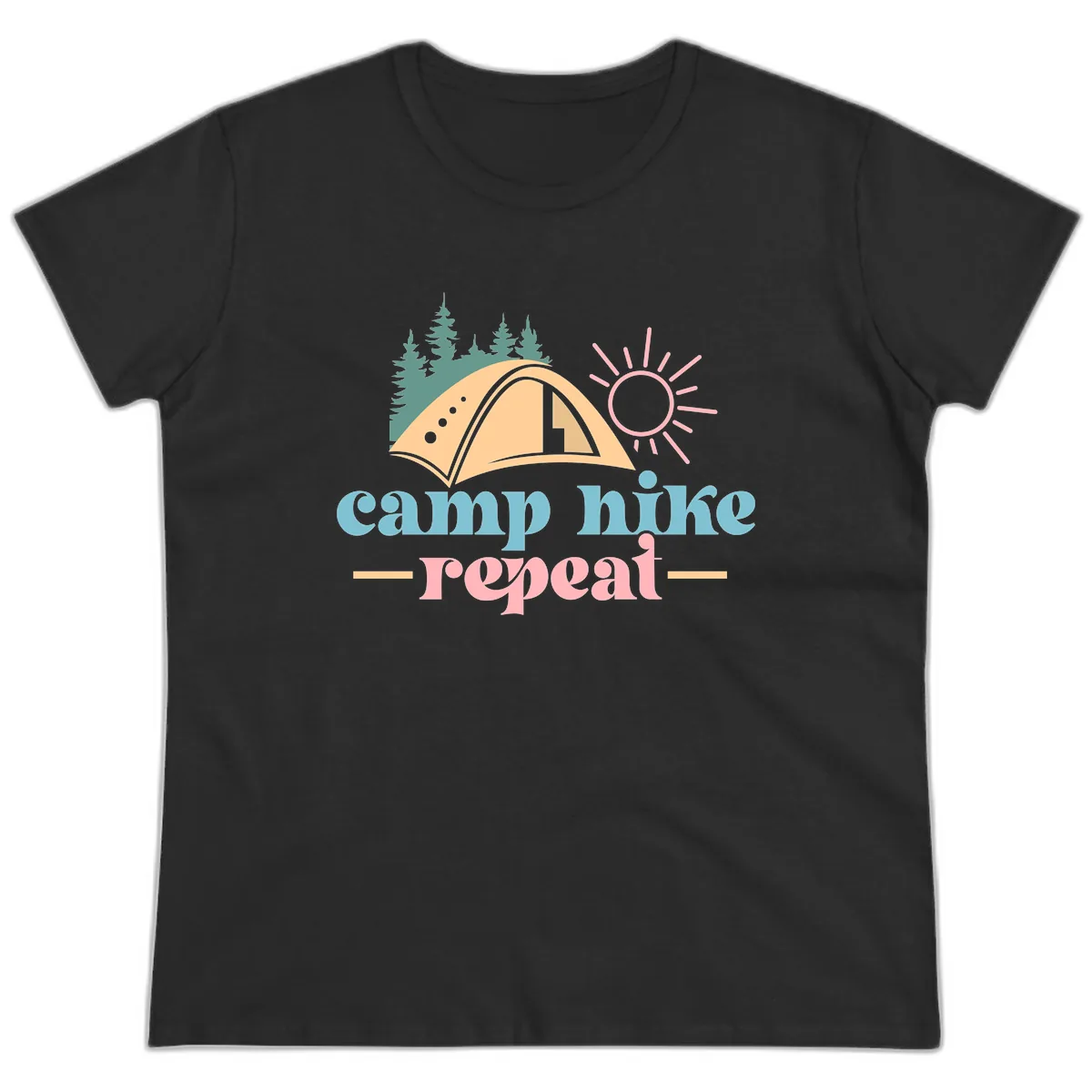 Camp Hike Repeat Mountain Graphic Ladies Tee in Black