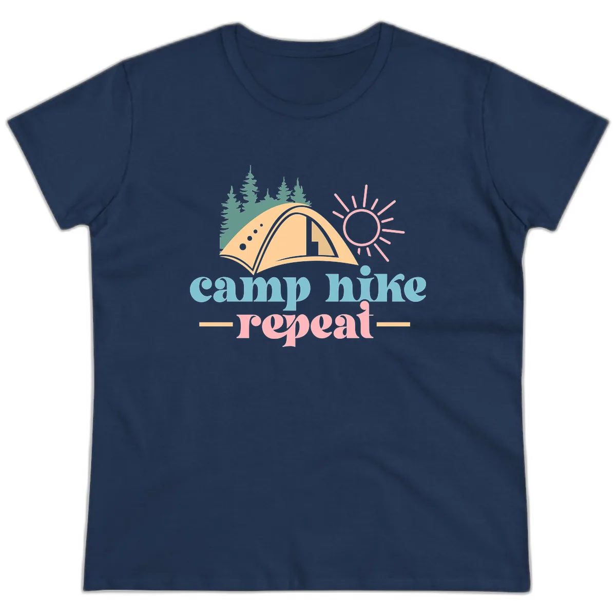 Camp Hike Repeat Mountain Graphic Ladies Tee in Navy