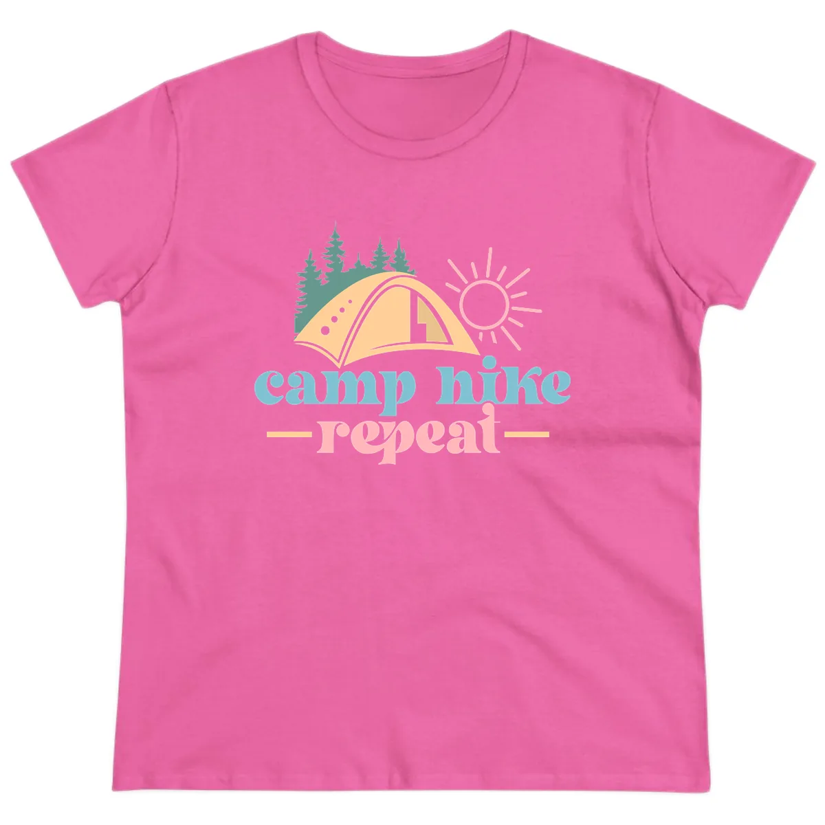 Camp Hike Repeat Mountain Graphic Ladies Tee in Azalea