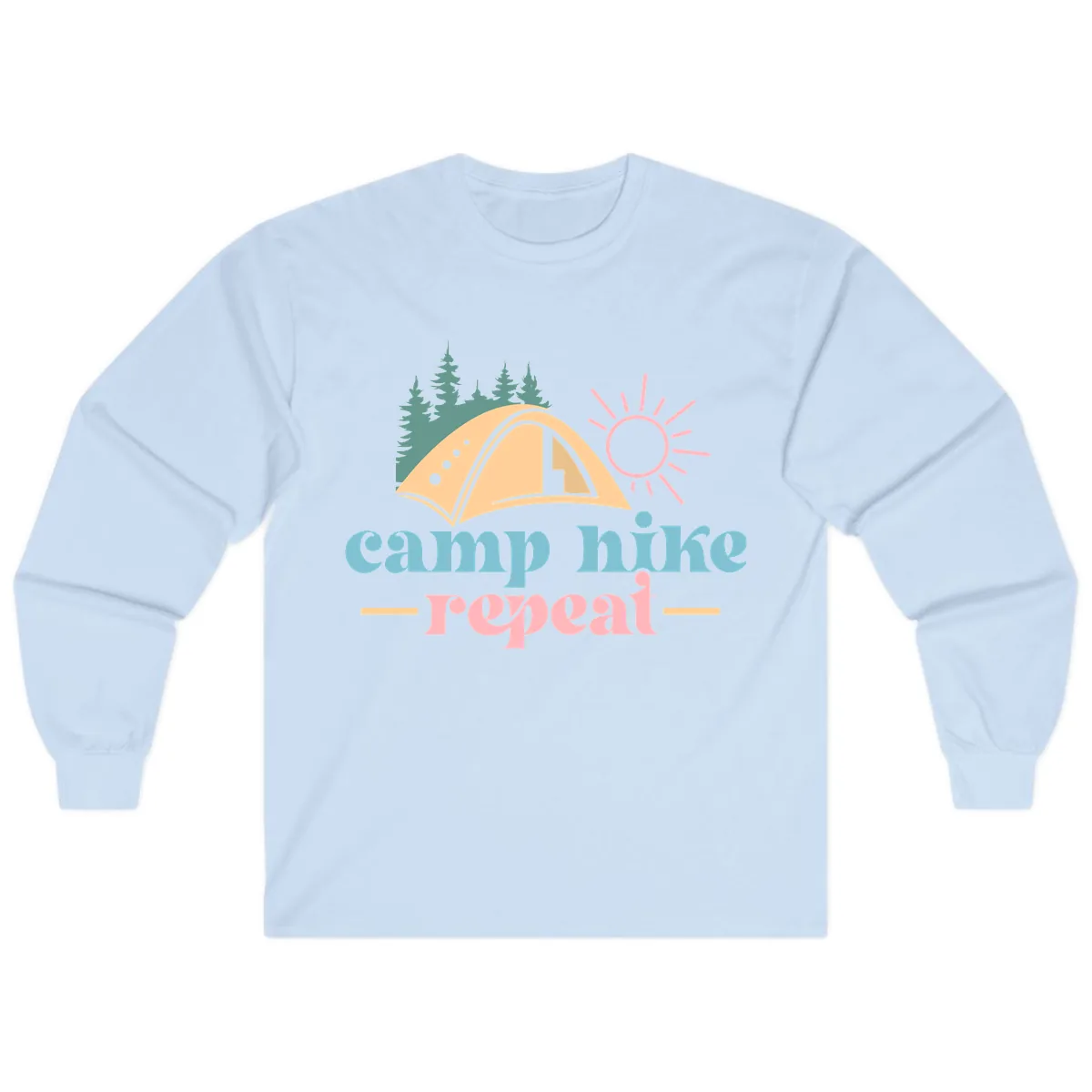 Camp Hike Repeat Mountain Graphic Long Sleeve in Light Blue