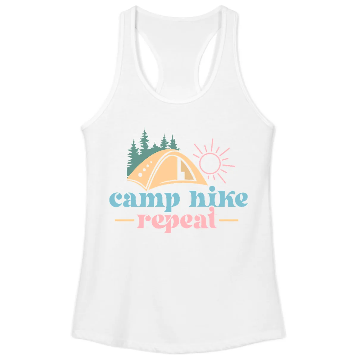 Camp Hike Repeat Mountain Graphic Ladies Tank in White