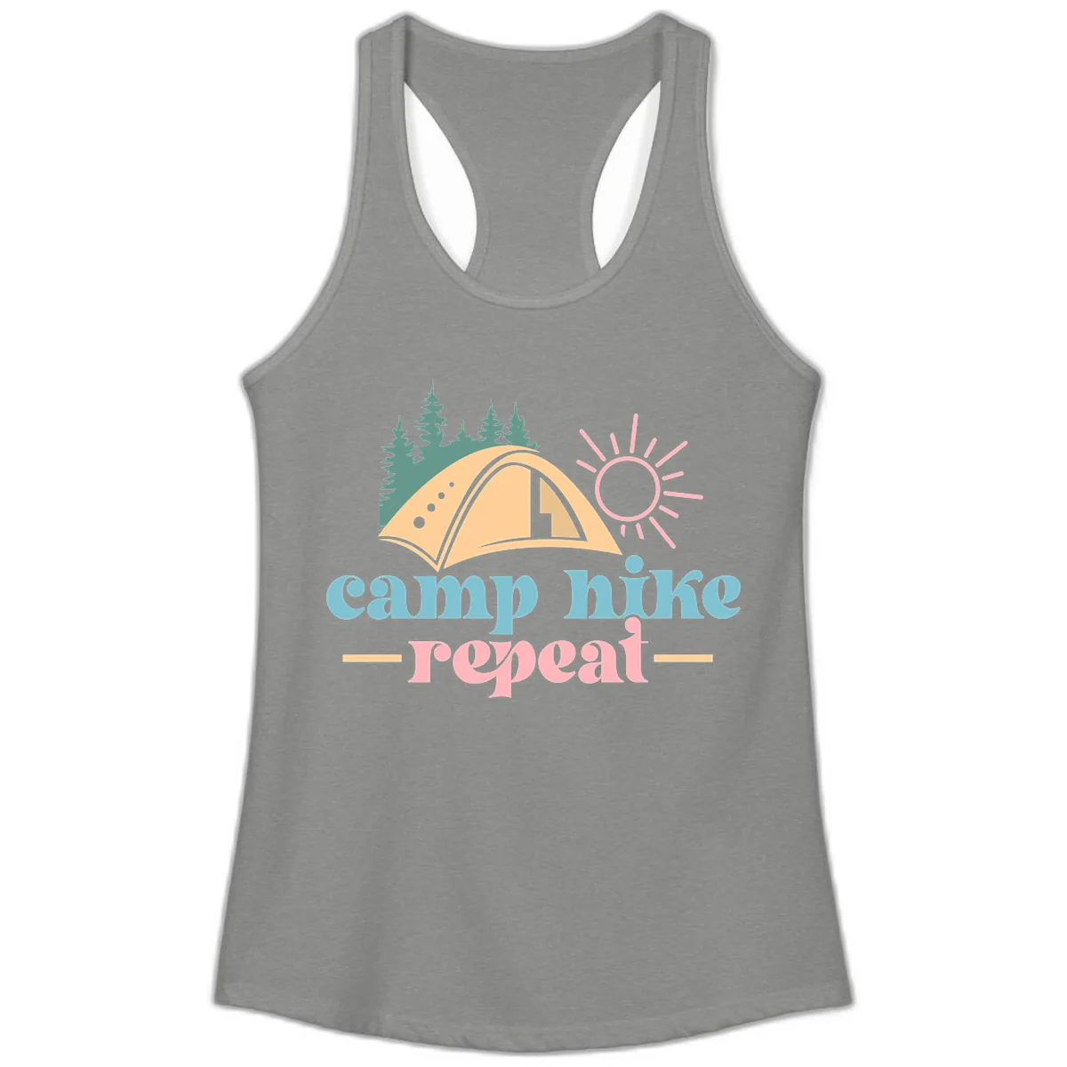 Camp Hike Repeat Mountain Graphic Ladies Tank in Heather Grey
