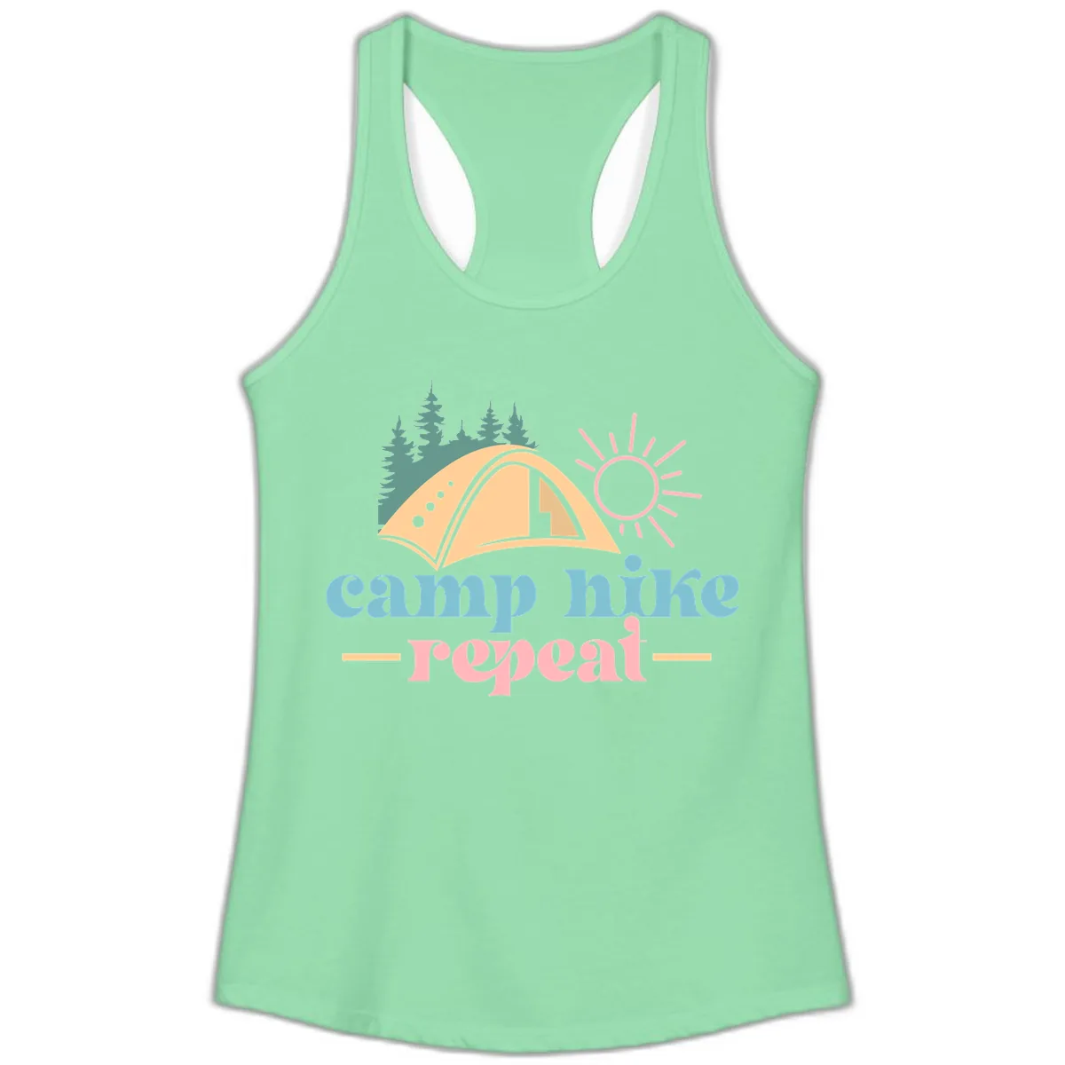 Camp Hike Repeat Mountain Graphic Ladies Tank in Solid Mint