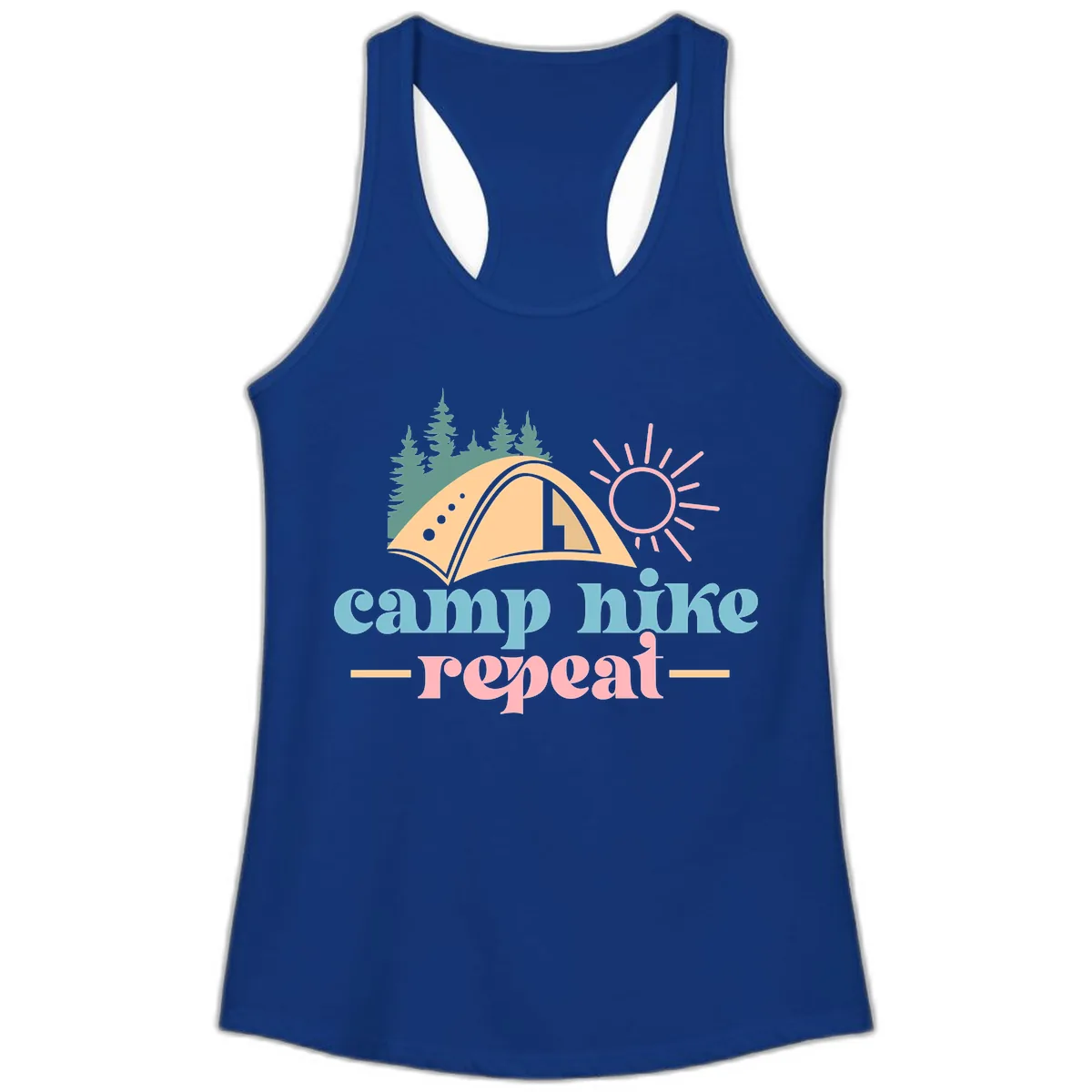Camp Hike Repeat Mountain Graphic Ladies Tank in Solid Royal