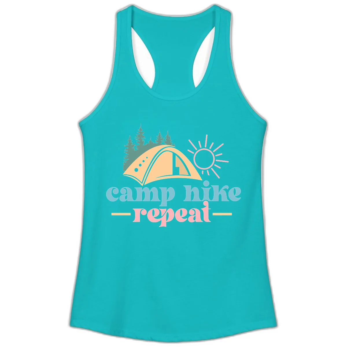 Camp Hike Repeat Mountain Graphic Ladies Tank in Tahiti Blue