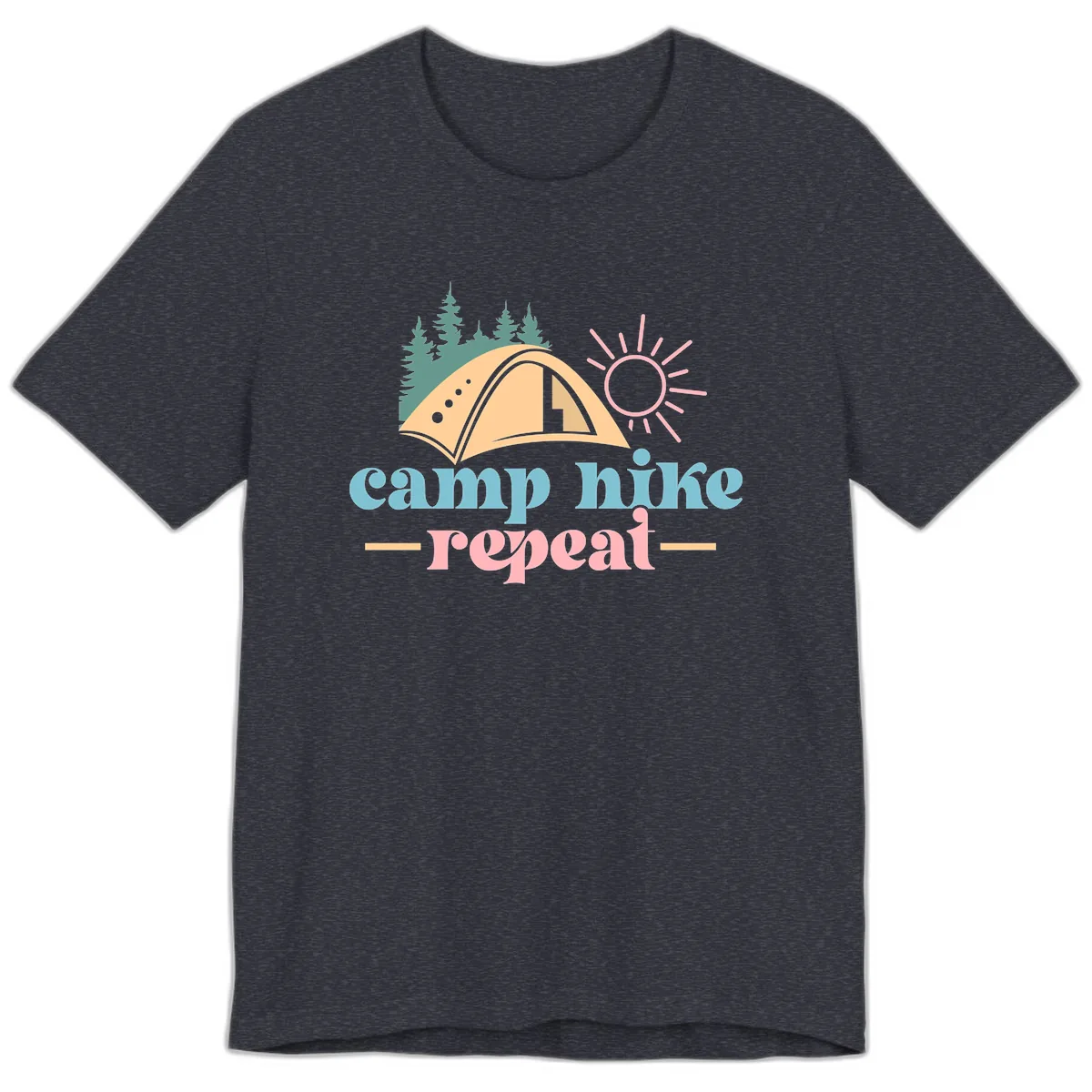 Camp Hike Repeat Mountain Graphic Premium T-Shirt in Heather Navy