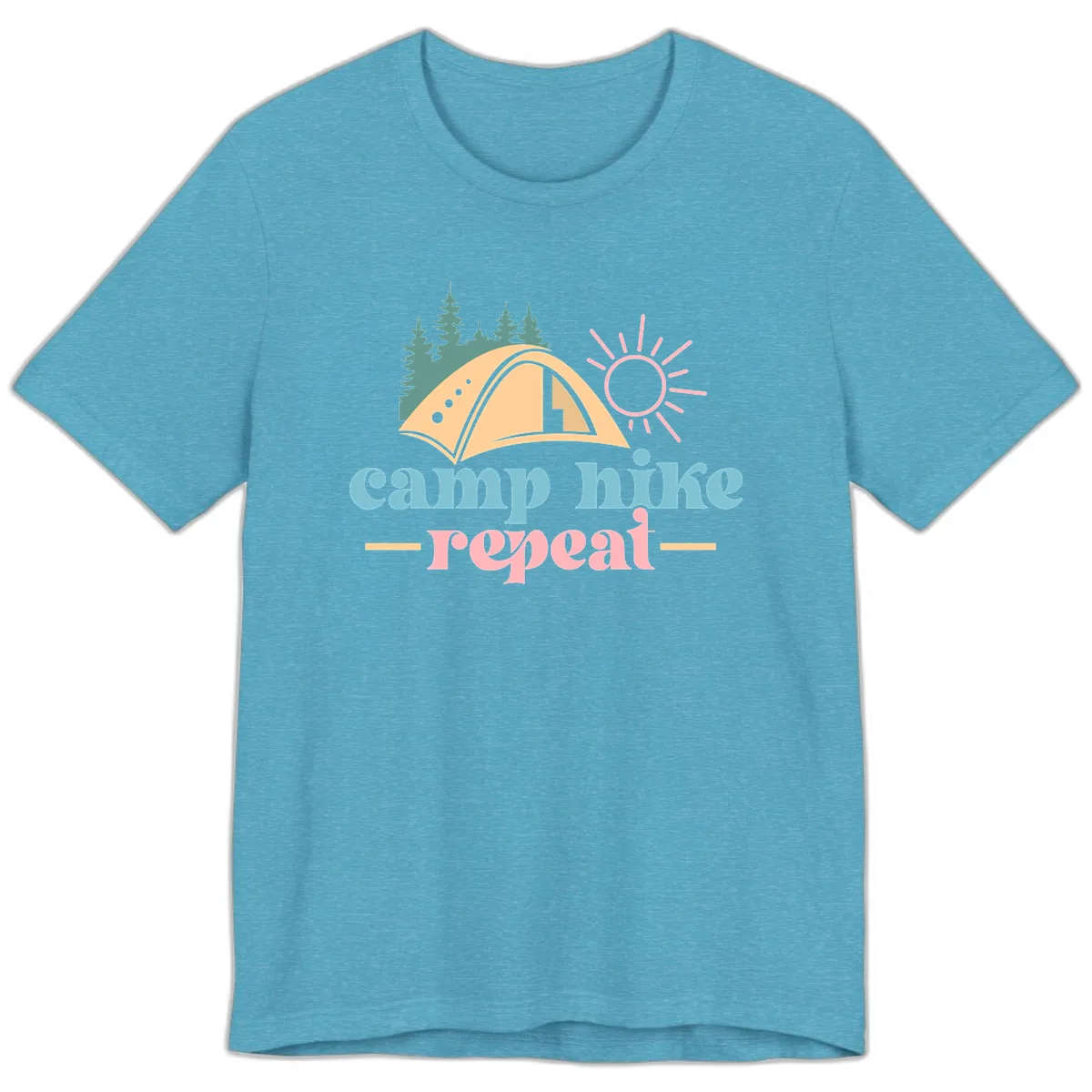 Camp Hike Repeat Mountain Graphic Premium T-Shirt in Heather Aqua