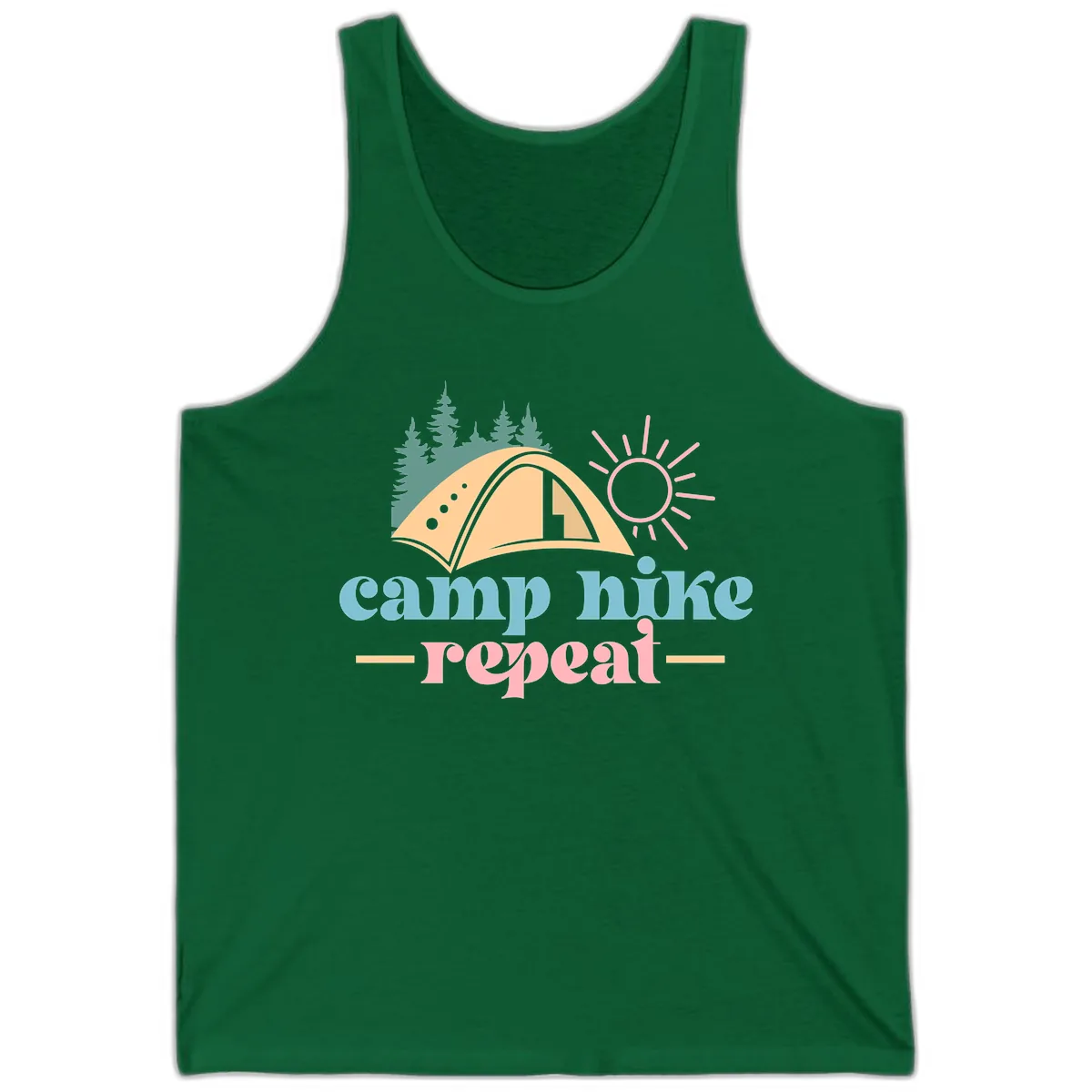 Camp Hike Repeat Mountain Graphic Tank in Kelly
