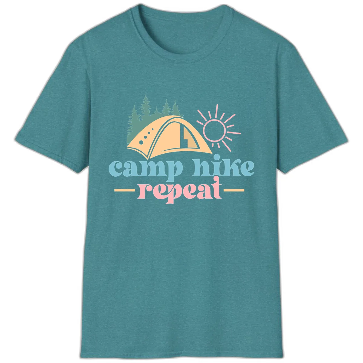 Camp Hike Repeat Mountain Graphic T-Shirt in Heather Galapagos Blue