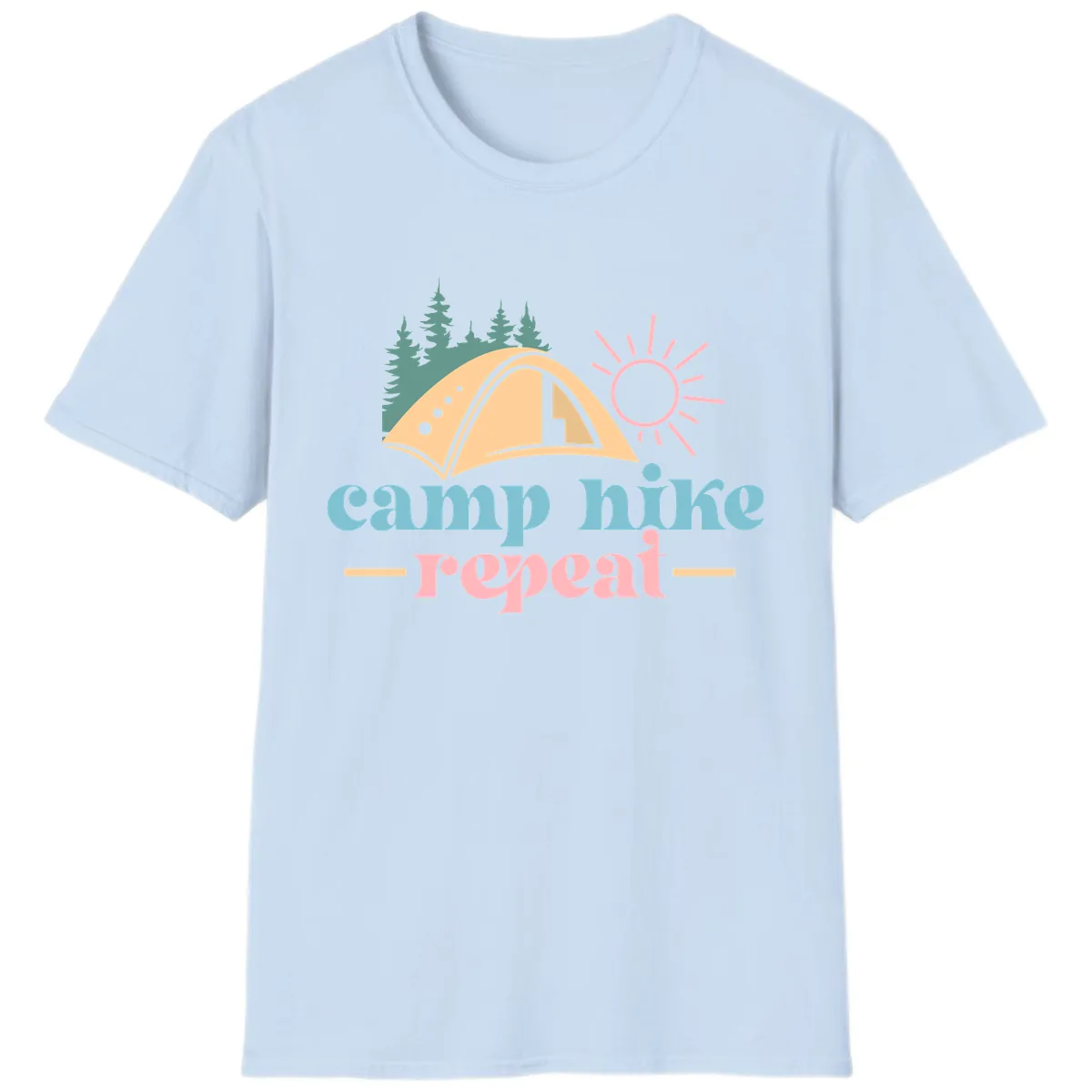 Camp Hike Repeat Mountain Graphic T-Shirt in Light Blue