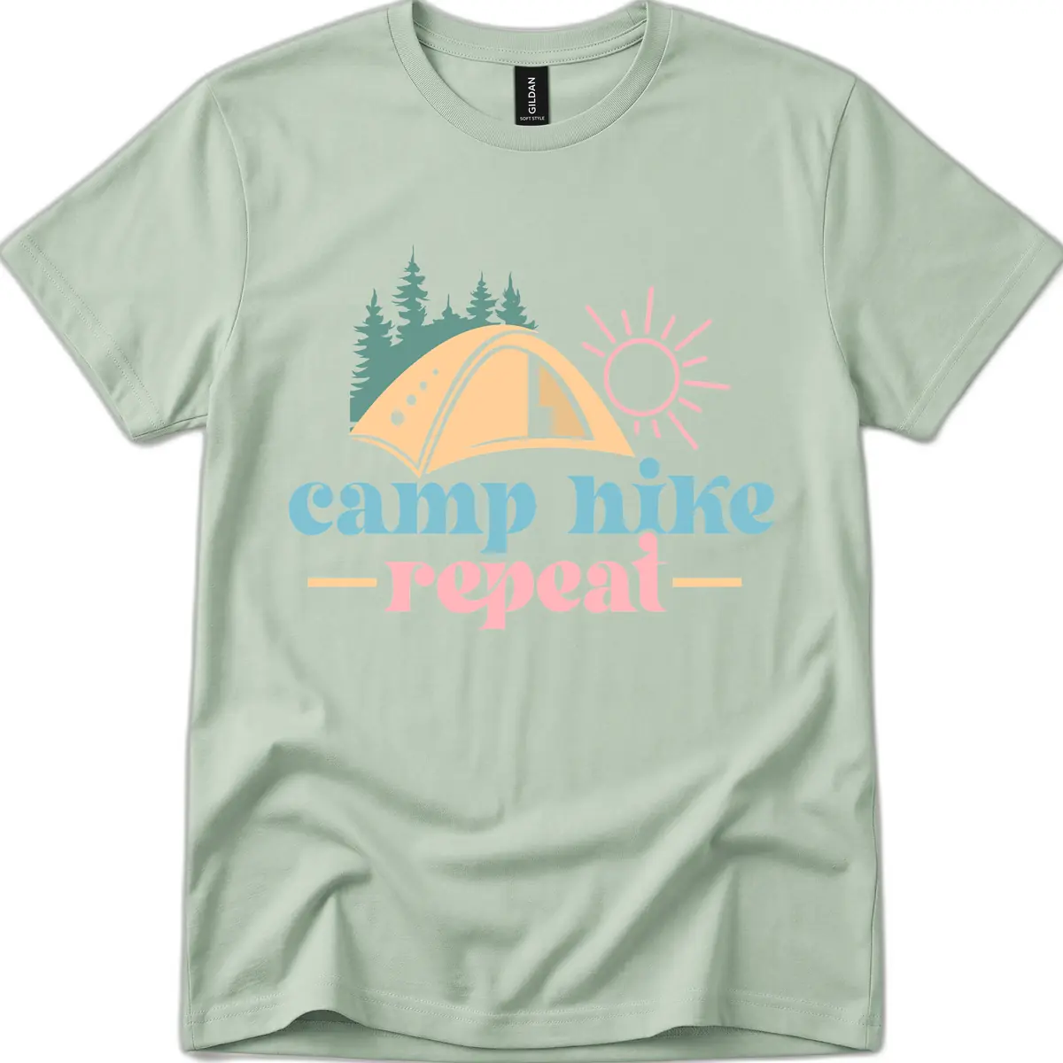 Camp Hike Repeat Mountain Graphic T-Shirt in Sage
