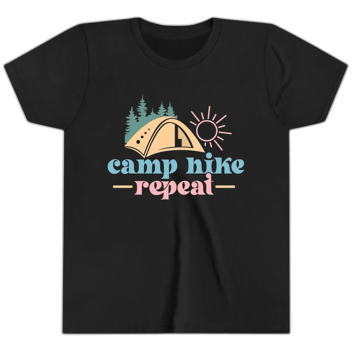 Camp Hike Repeat Mountain Graphic Youth T-Shirt in Black
