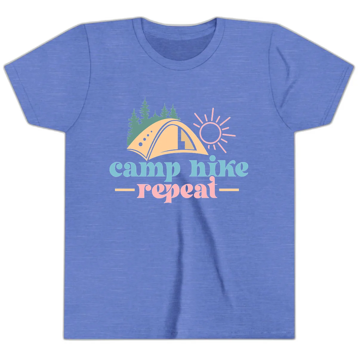 Camp Hike Repeat Mountain Graphic Youth T-Shirt in Heather Columbia Blue