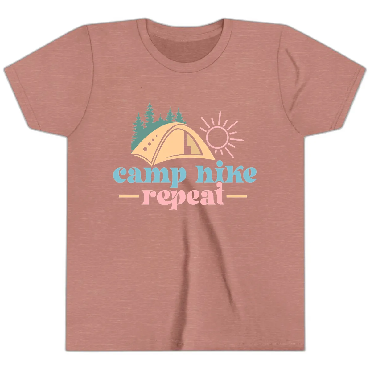 Camp Hike Repeat Mountain Graphic Youth T-Shirt in Heather Mauve