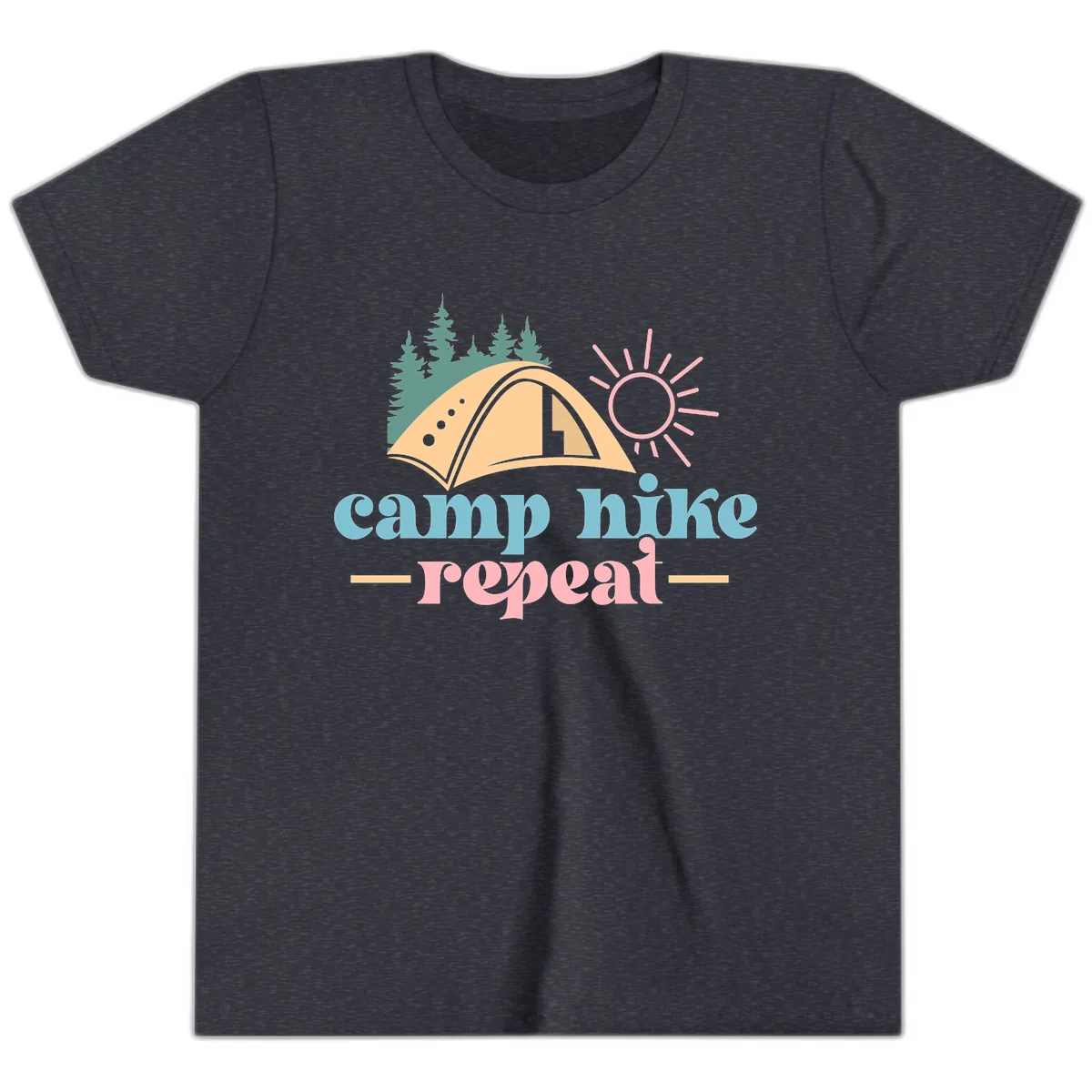 Camp Hike Repeat Mountain Graphic Youth T-Shirt in Heather Navy