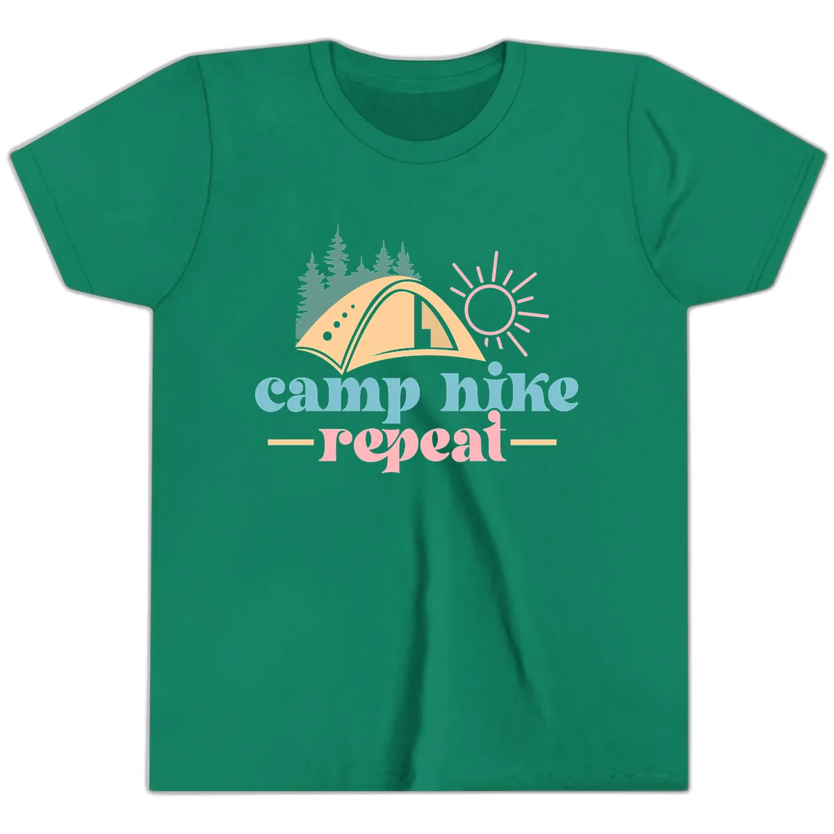 Camp Hike Repeat Mountain Graphic Youth T-Shirt in Kelly