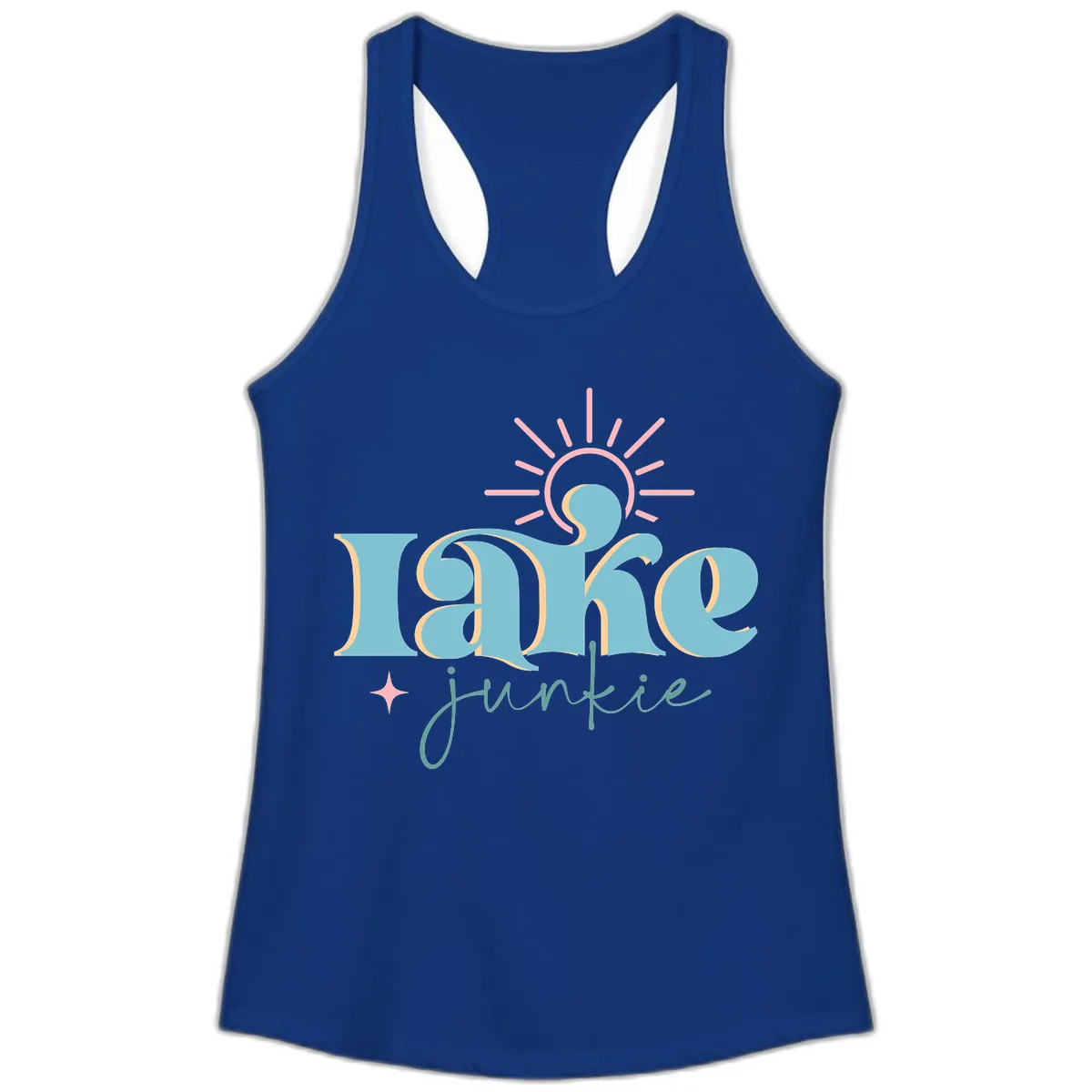 Lake Junkie Retro Typography Design Ladies Tank in Solid Royal