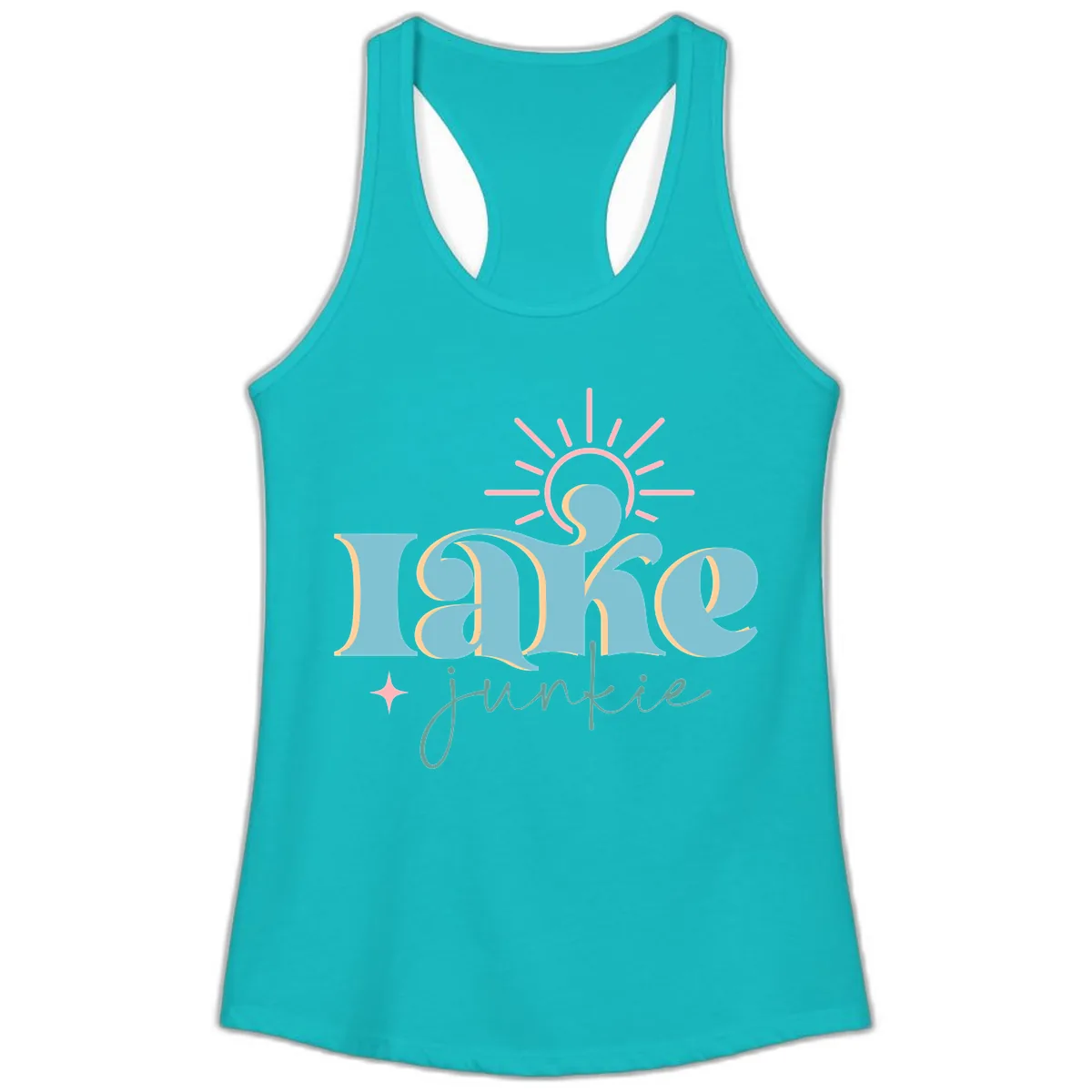 Lake Junkie Retro Typography Design Ladies Tank in Tahiti Blue