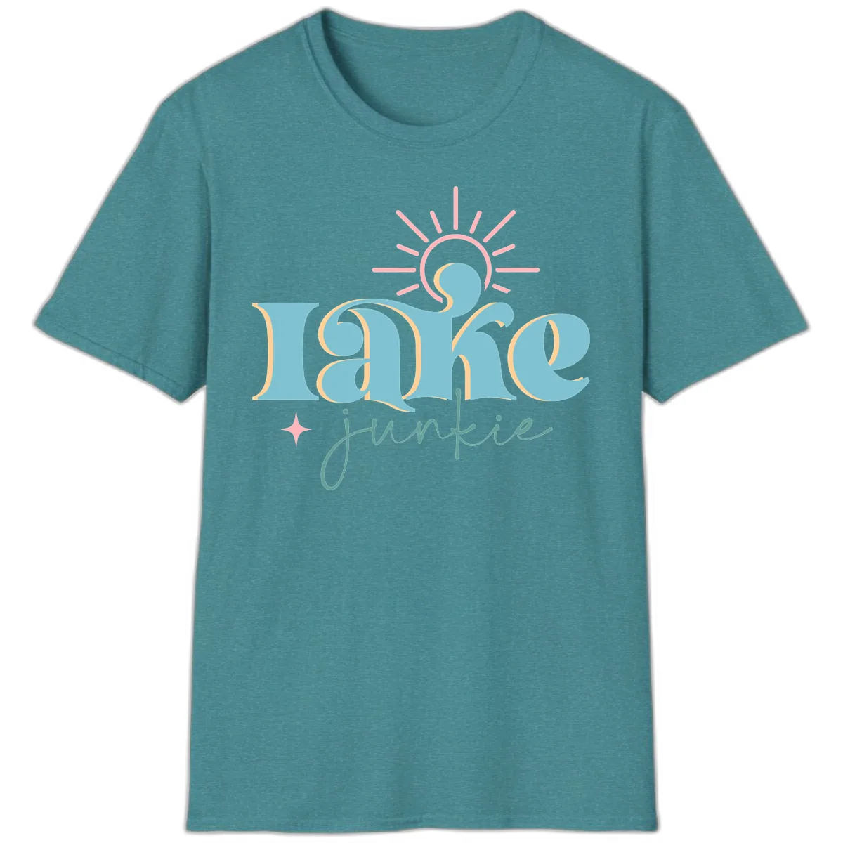 Lake Junkie Retro Typography Design T-Shirt in Heather Galapagos Blue