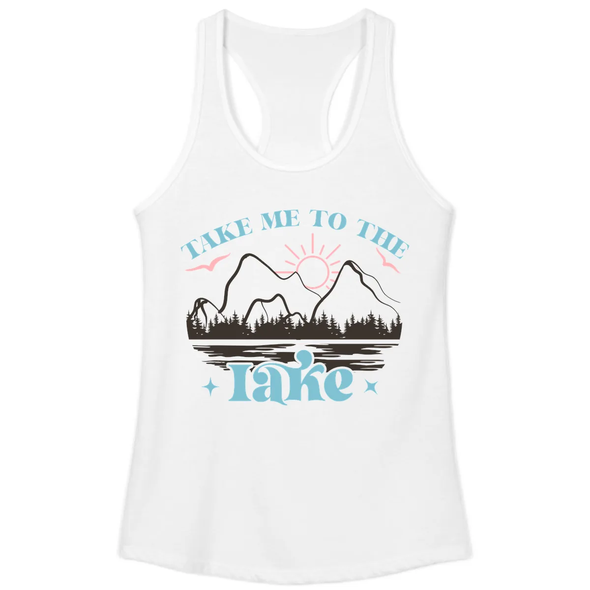 Take Me To The Lake Mountain Graphic Ladies Tank in White