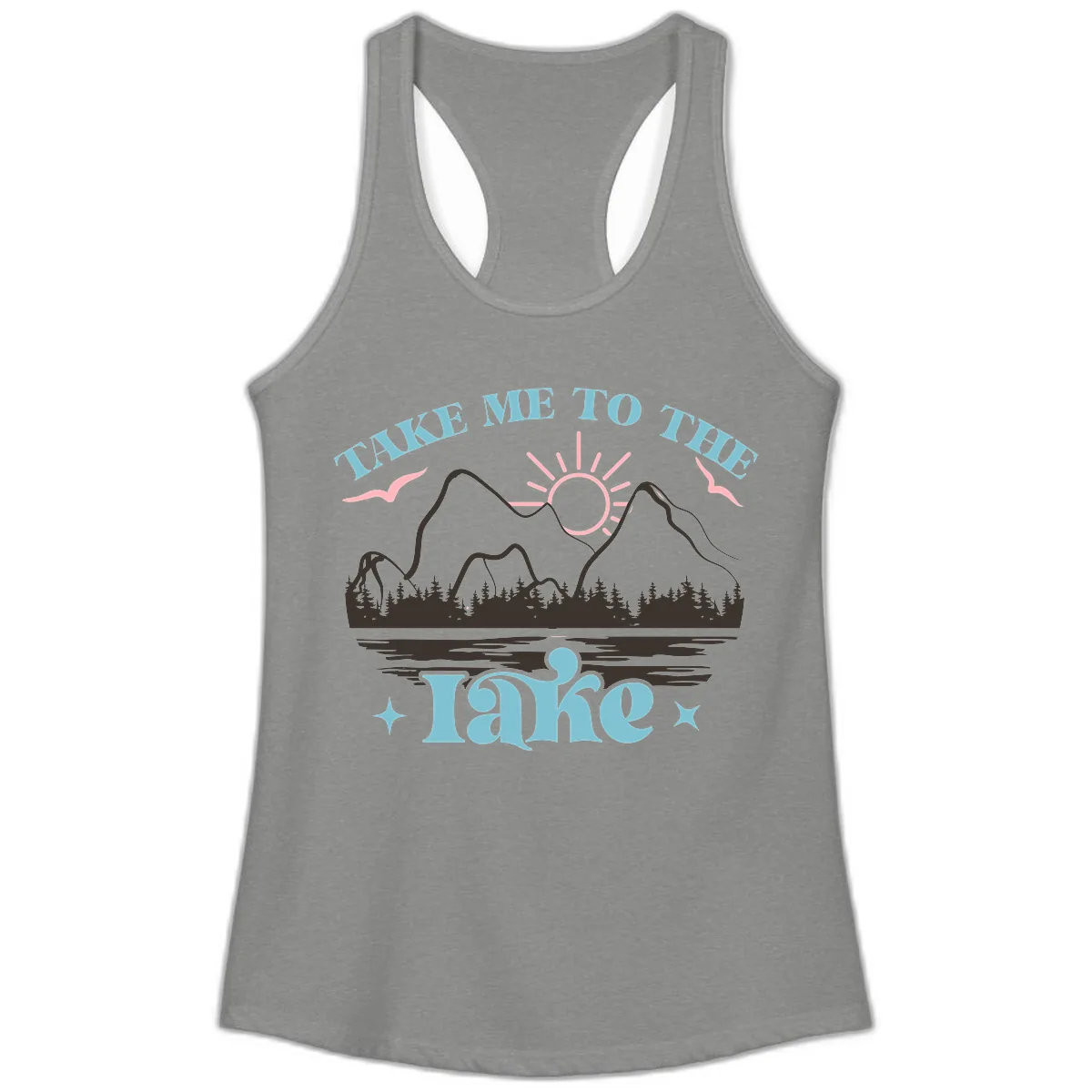 Take Me To The Lake Mountain Graphic Ladies Tank in Heather Grey