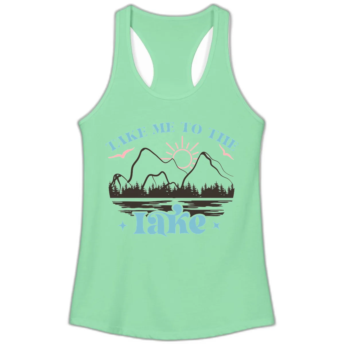 Take Me To The Lake Mountain Graphic Ladies Tank in Solid Mint