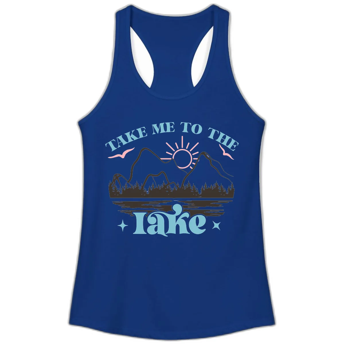 Take Me To The Lake Mountain Graphic Ladies Tank in Solid Royal