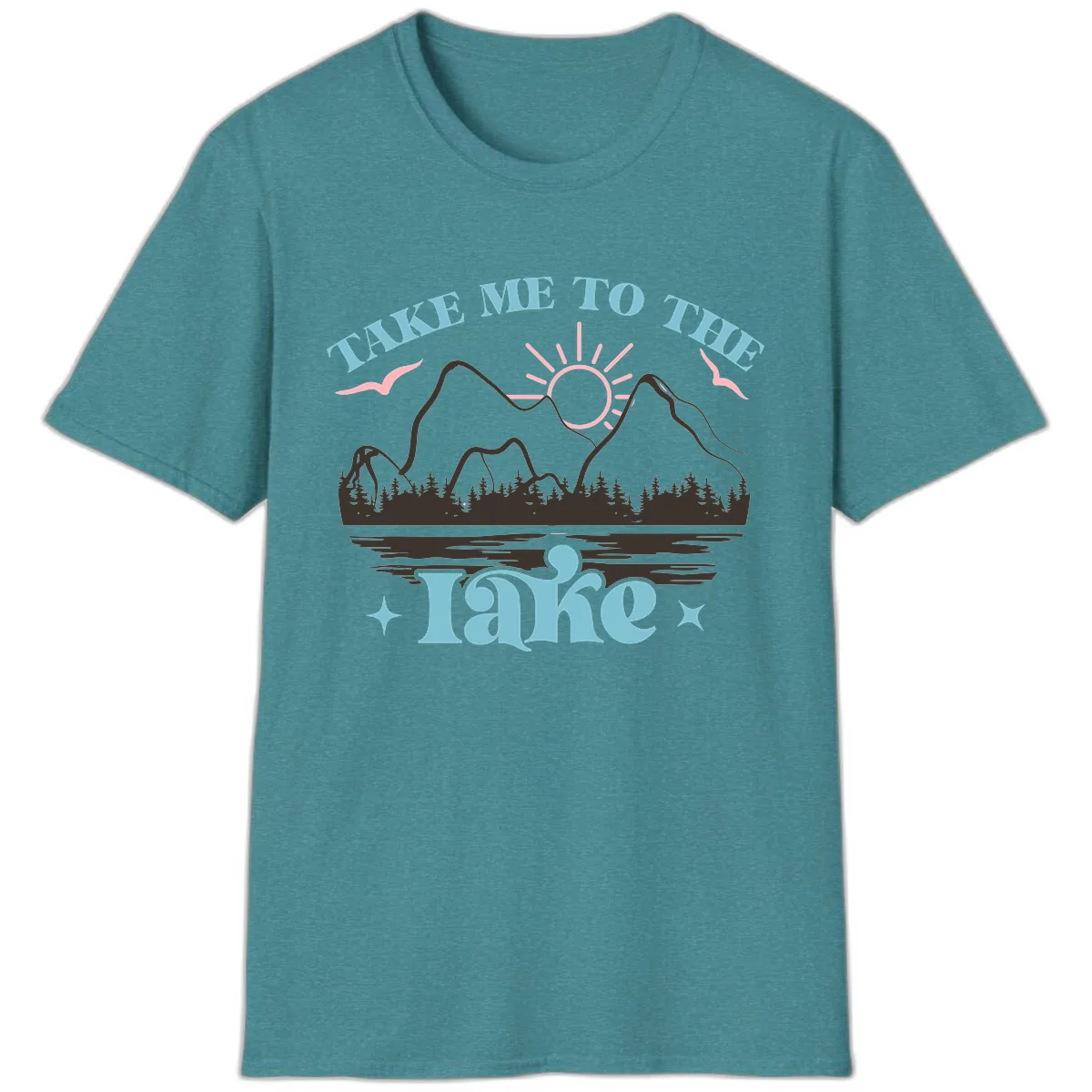 Take Me To The Lake Mountain Graphic T-Shirt in Heather Galapagos Blue