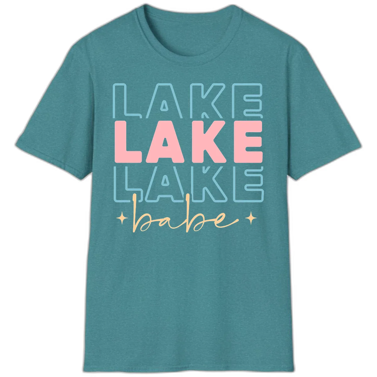 Lake Babe Retro Typography T-Shirt in Heather Galapagos Blue