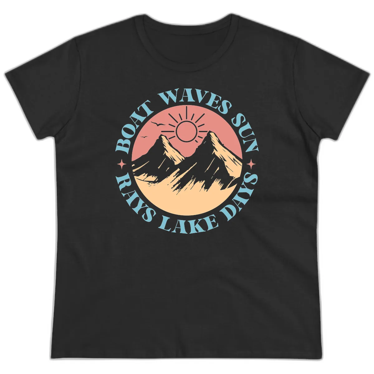 Boat Waves Sun Rays Lake Days Ladies Tee in Black