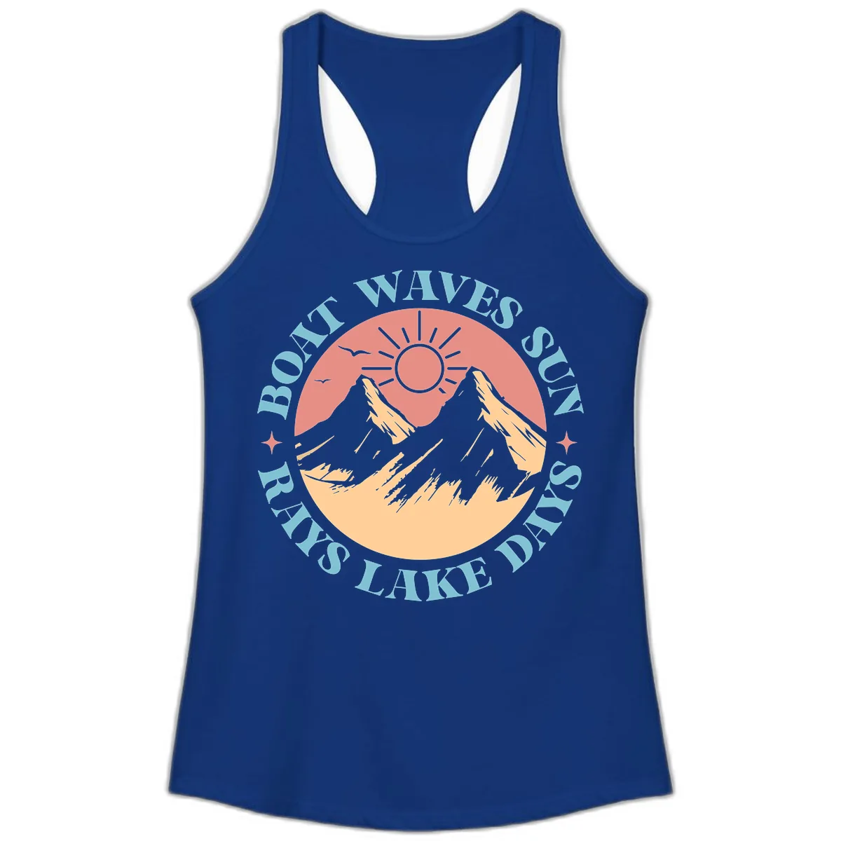 Boat Waves Sun Rays Lake Days Ladies Tank in Solid Royal