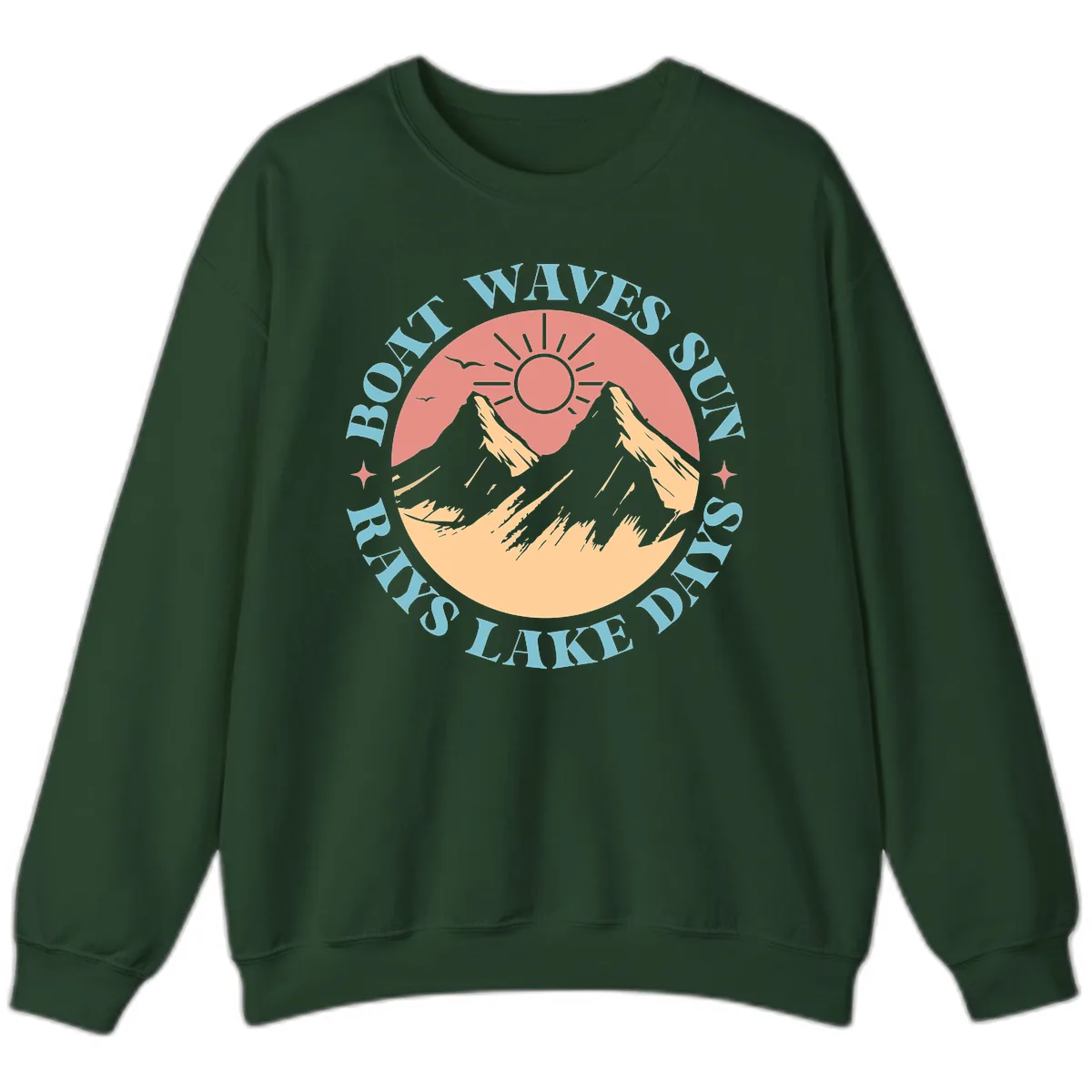 Boat Waves Sun Rays Lake Days Sweatshirt in Forest Green