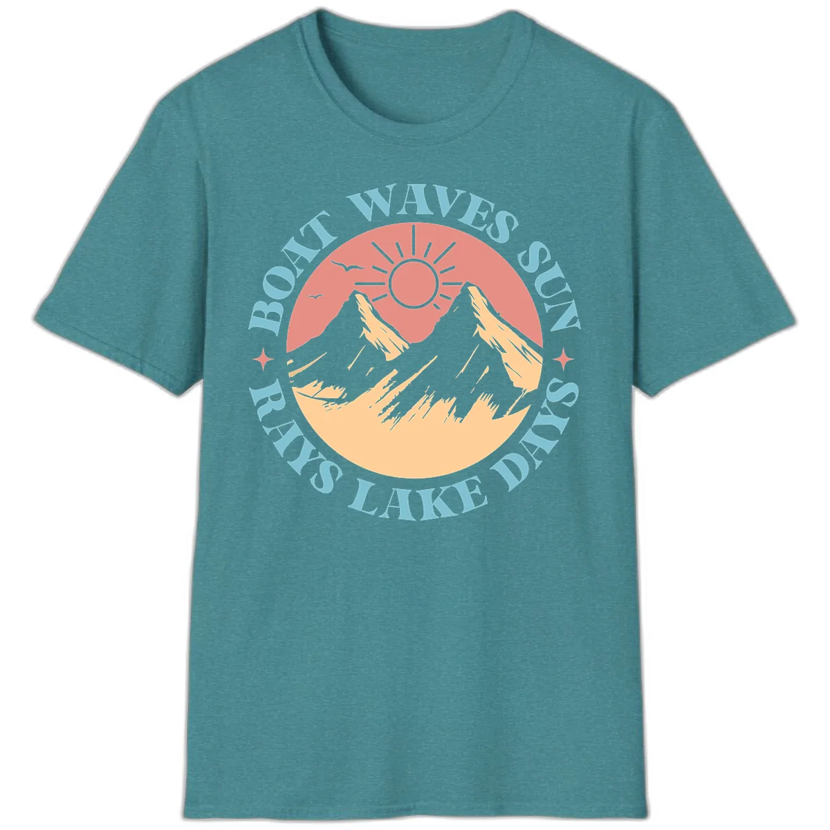 Boat Waves Sun Rays Lake Days T-Shirt in Heather Galapagos Blue