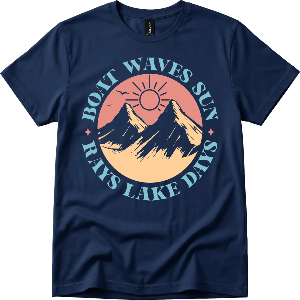 Boat Waves Sun Rays Lake Days T-Shirt in Navy