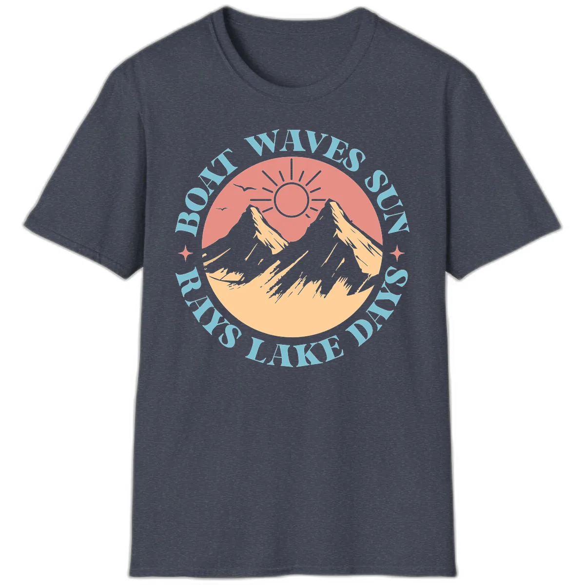 Boat Waves Sun Rays Lake Days T-Shirt in Heather Navy