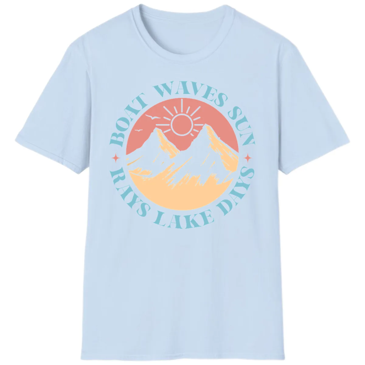 Boat Waves Sun Rays Lake Days T-Shirt in Light Blue