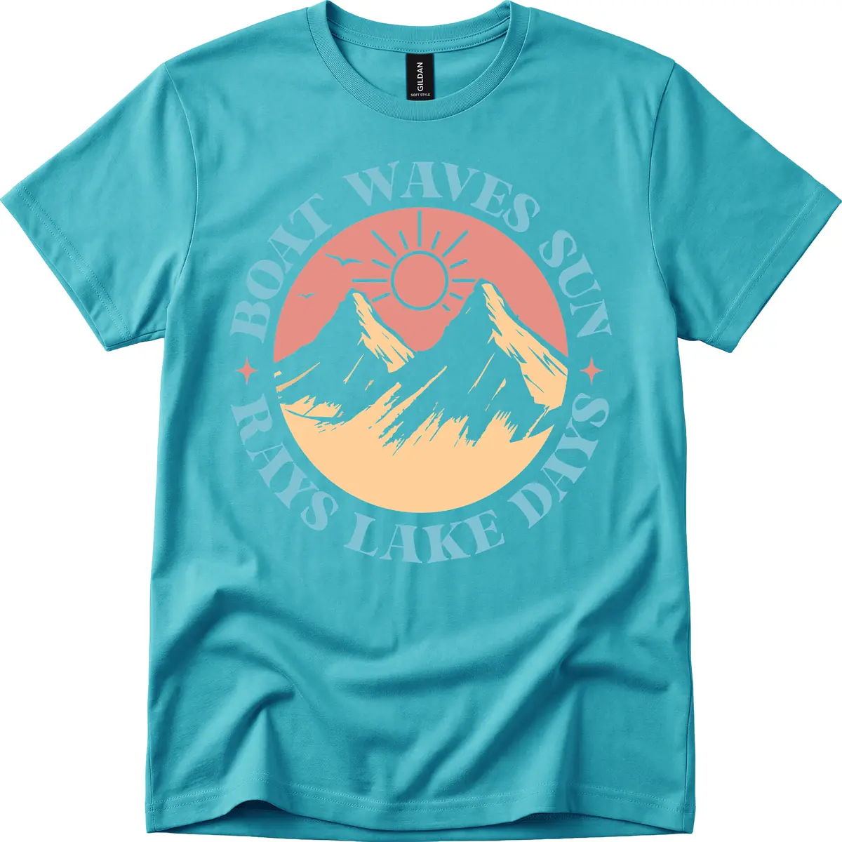 Boat Waves Sun Rays Lake Days T-Shirt in Tropical Blue
