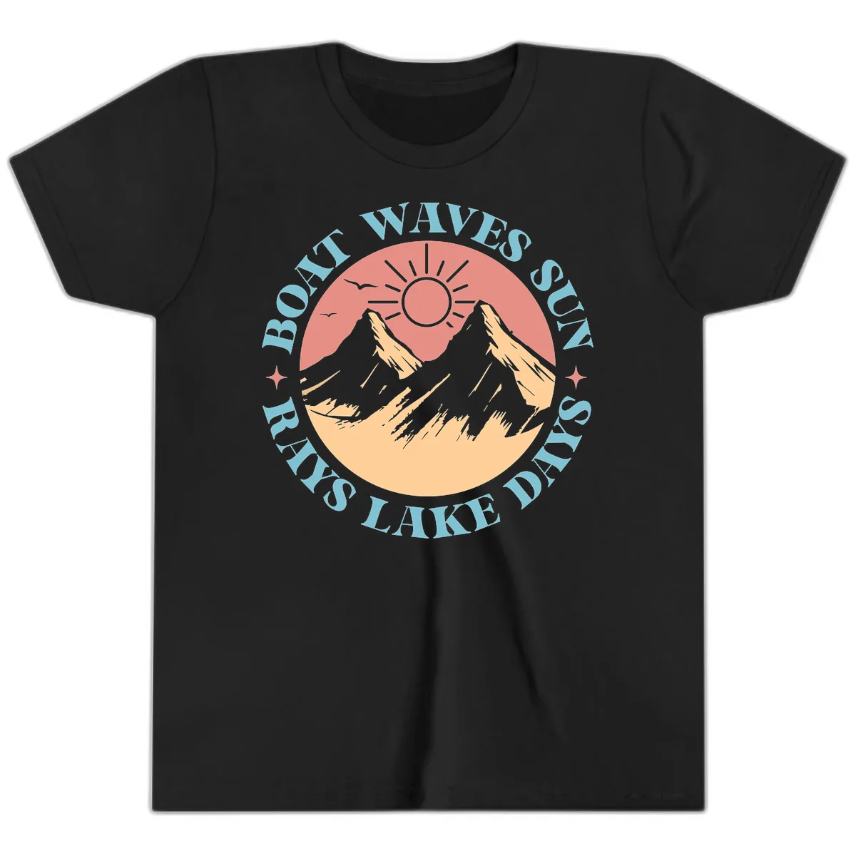 Boat Waves Sun Rays Lake Days Youth T-Shirt in Black