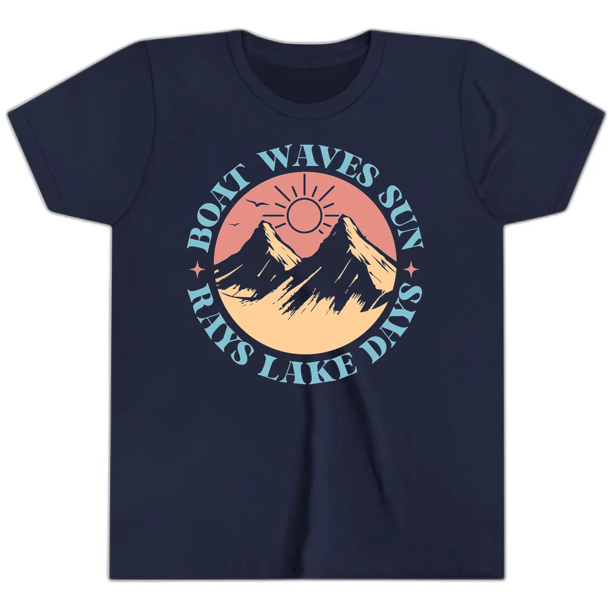 Boat Waves Sun Rays Lake Days Youth T-Shirt in Navy