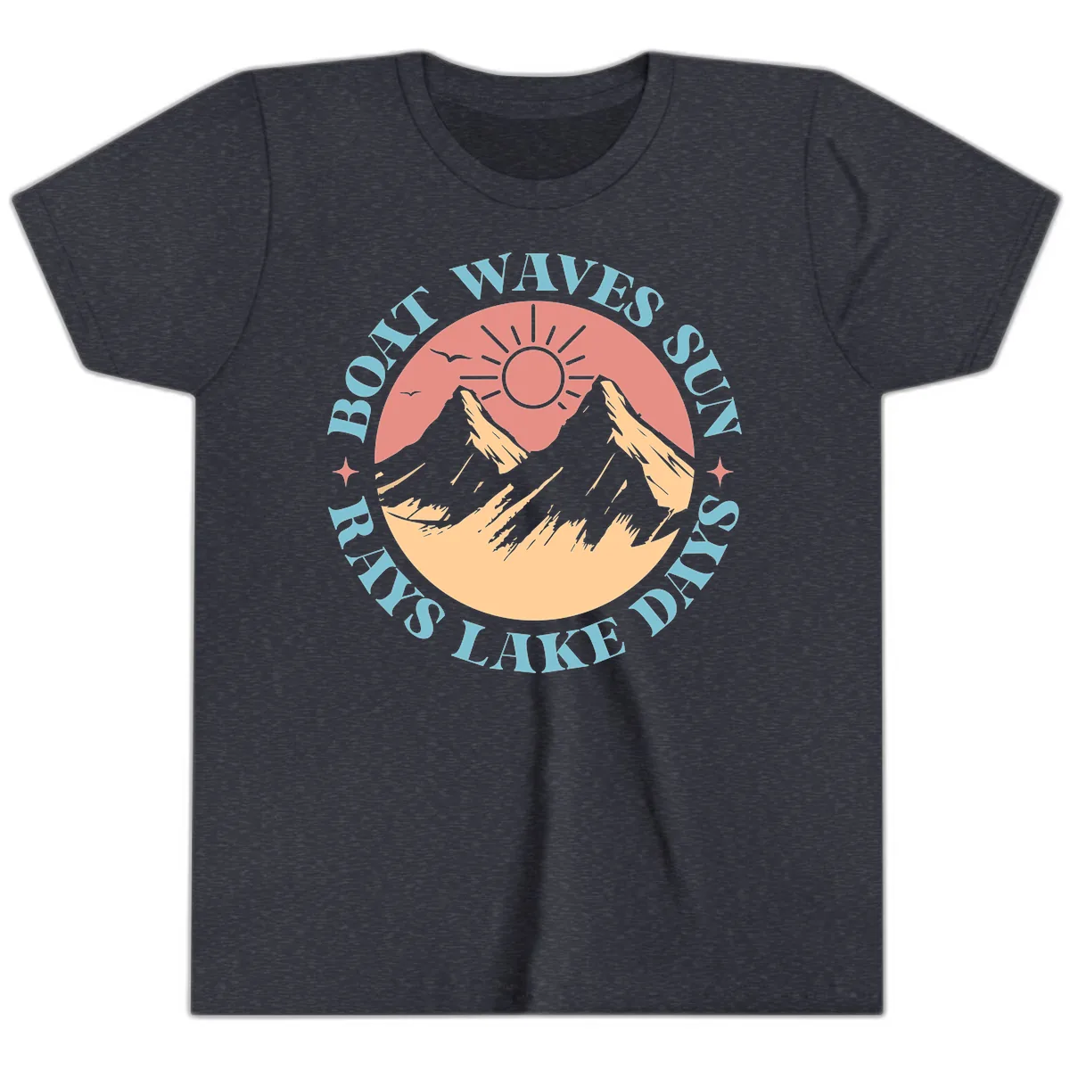 Boat Waves Sun Rays Lake Days Youth T-Shirt in Heather Navy