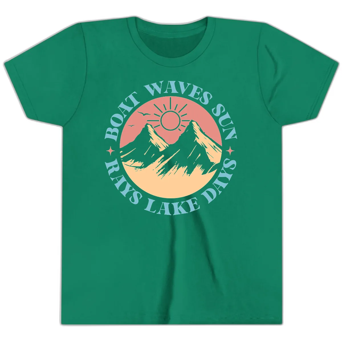 Boat Waves Sun Rays Lake Days Youth T-Shirt in Kelly