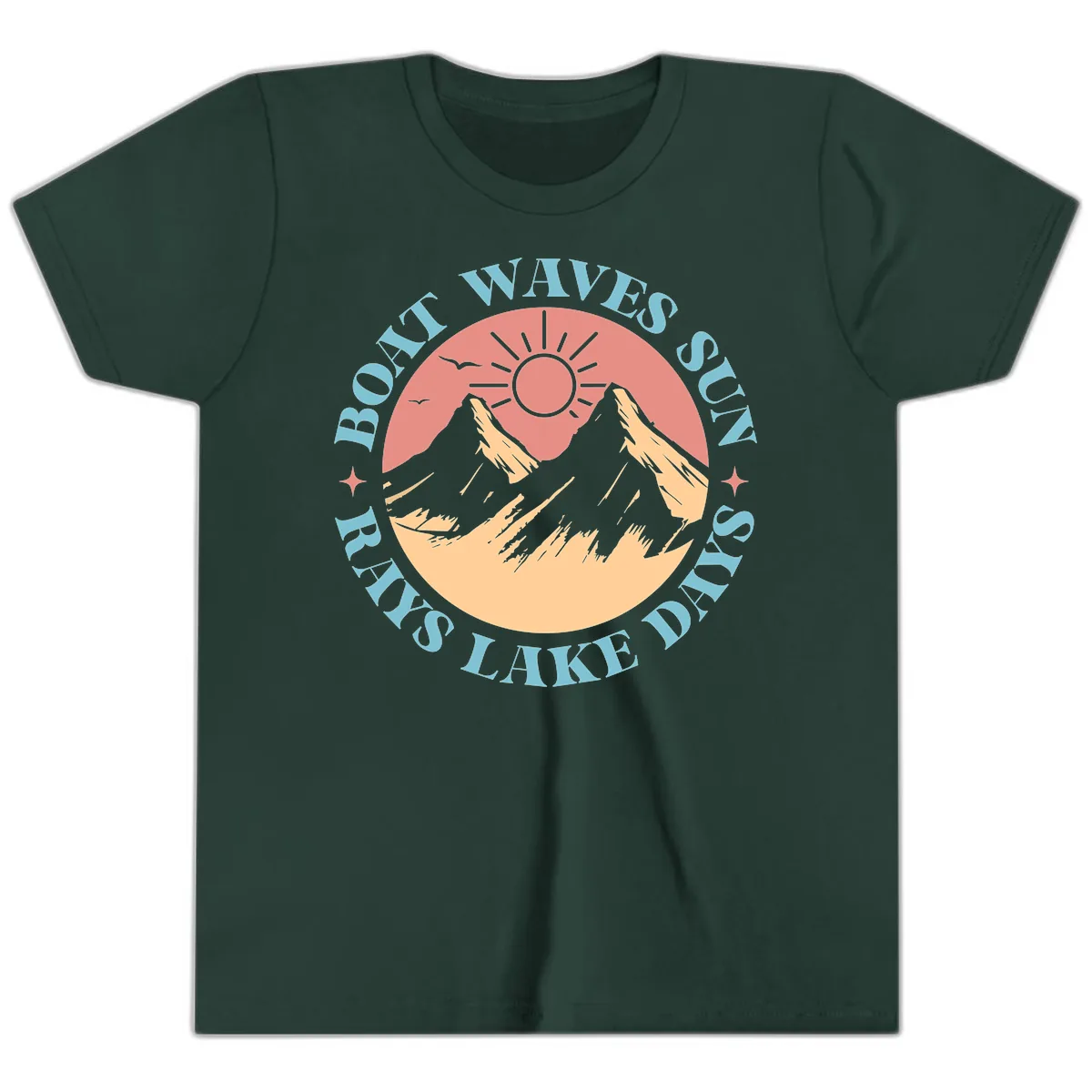 Boat Waves Sun Rays Lake Days Youth T-Shirt in Forest