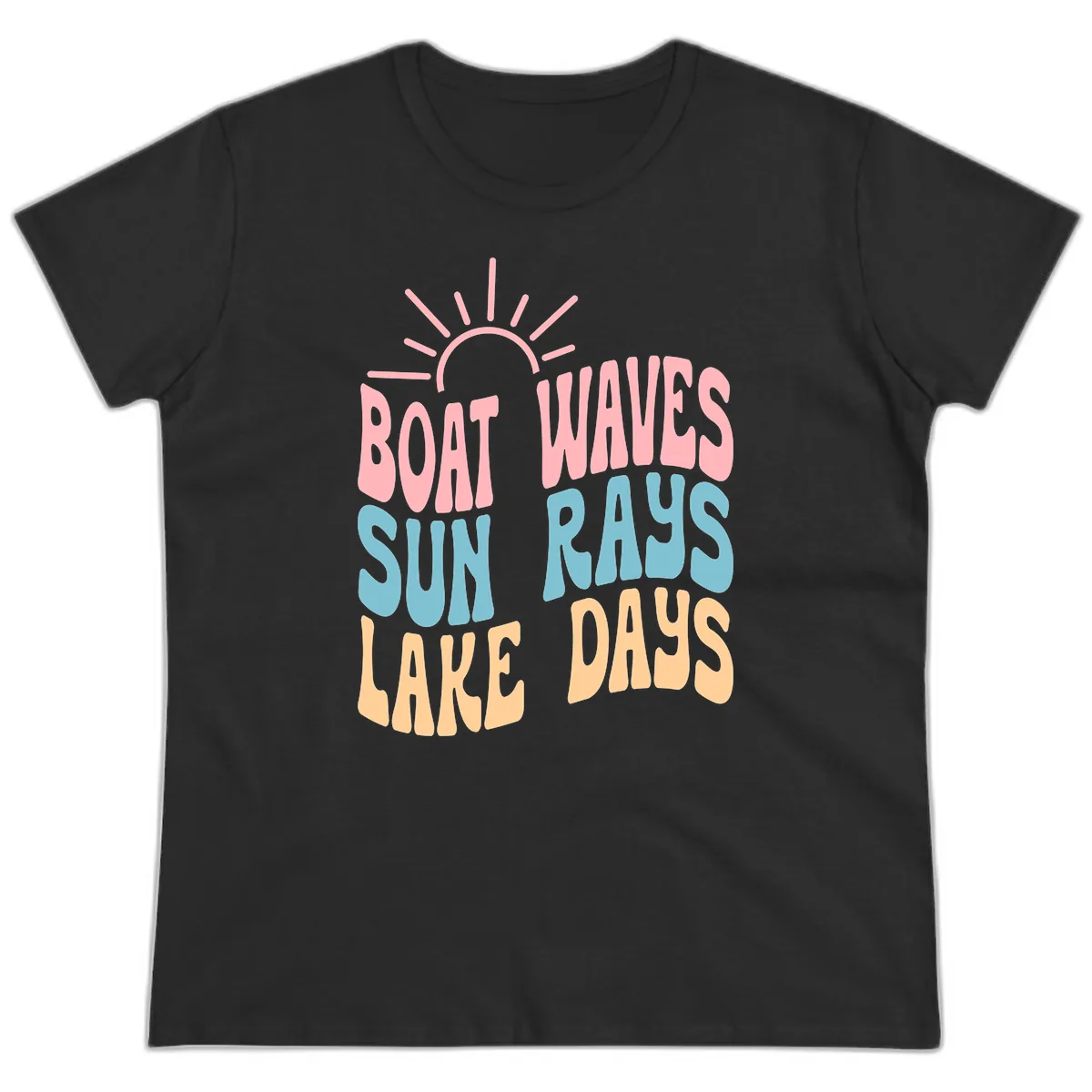 Boat Waves Sun Rays Lake Days Ladies Tee in Black