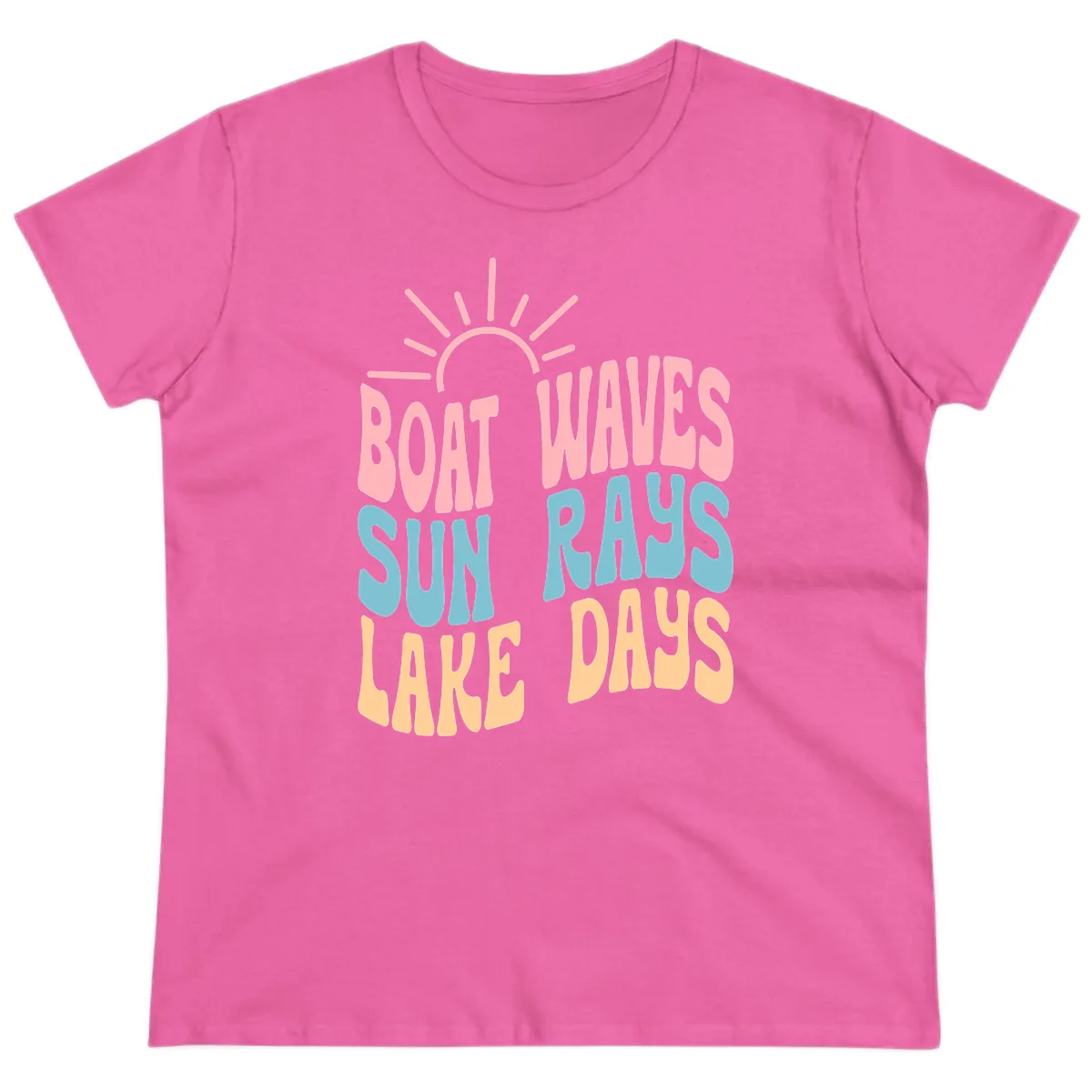 Boat Waves Sun Rays Lake Days Ladies Tee in Azalea