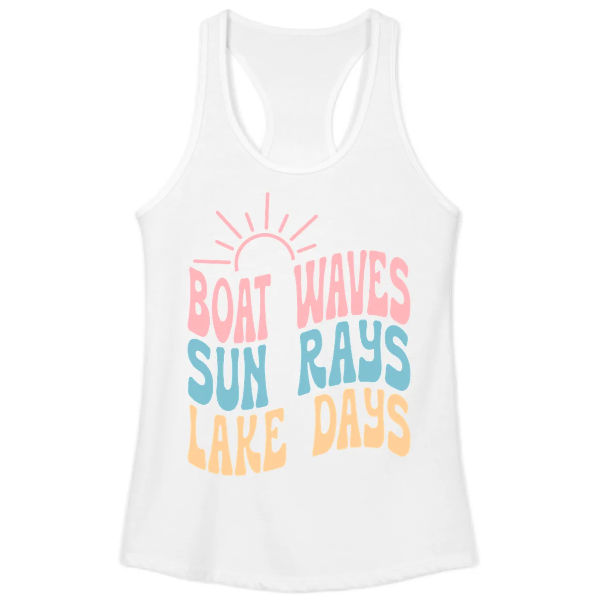 Boat Waves Sun Rays Lake Days Ladies Tank in White