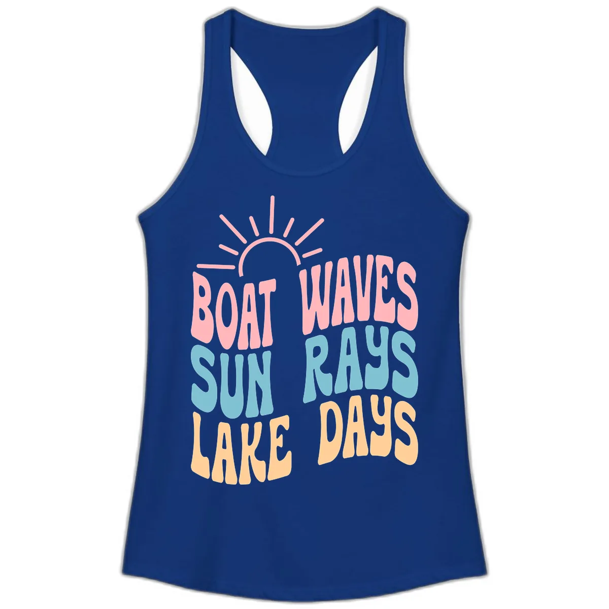 Boat Waves Sun Rays Lake Days Ladies Tank in Solid Royal