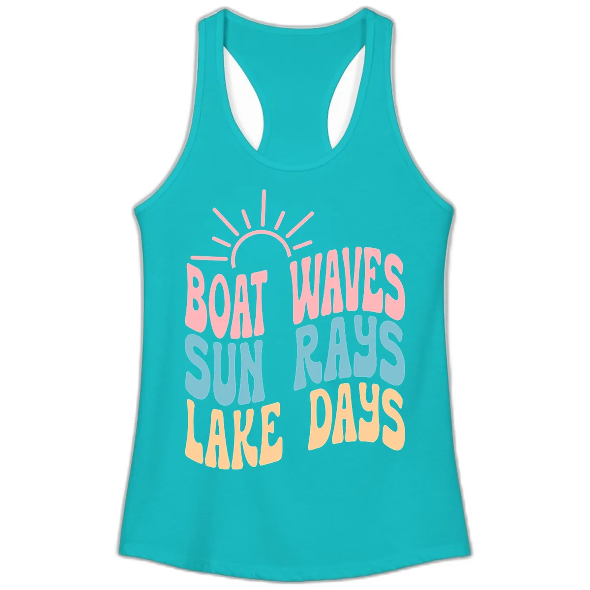 Boat Waves Sun Rays Lake Days Ladies Tank in Tahiti Blue