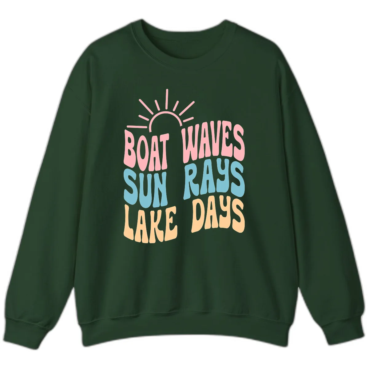 Boat Waves Sun Rays Lake Days Sweatshirt in Forest Green