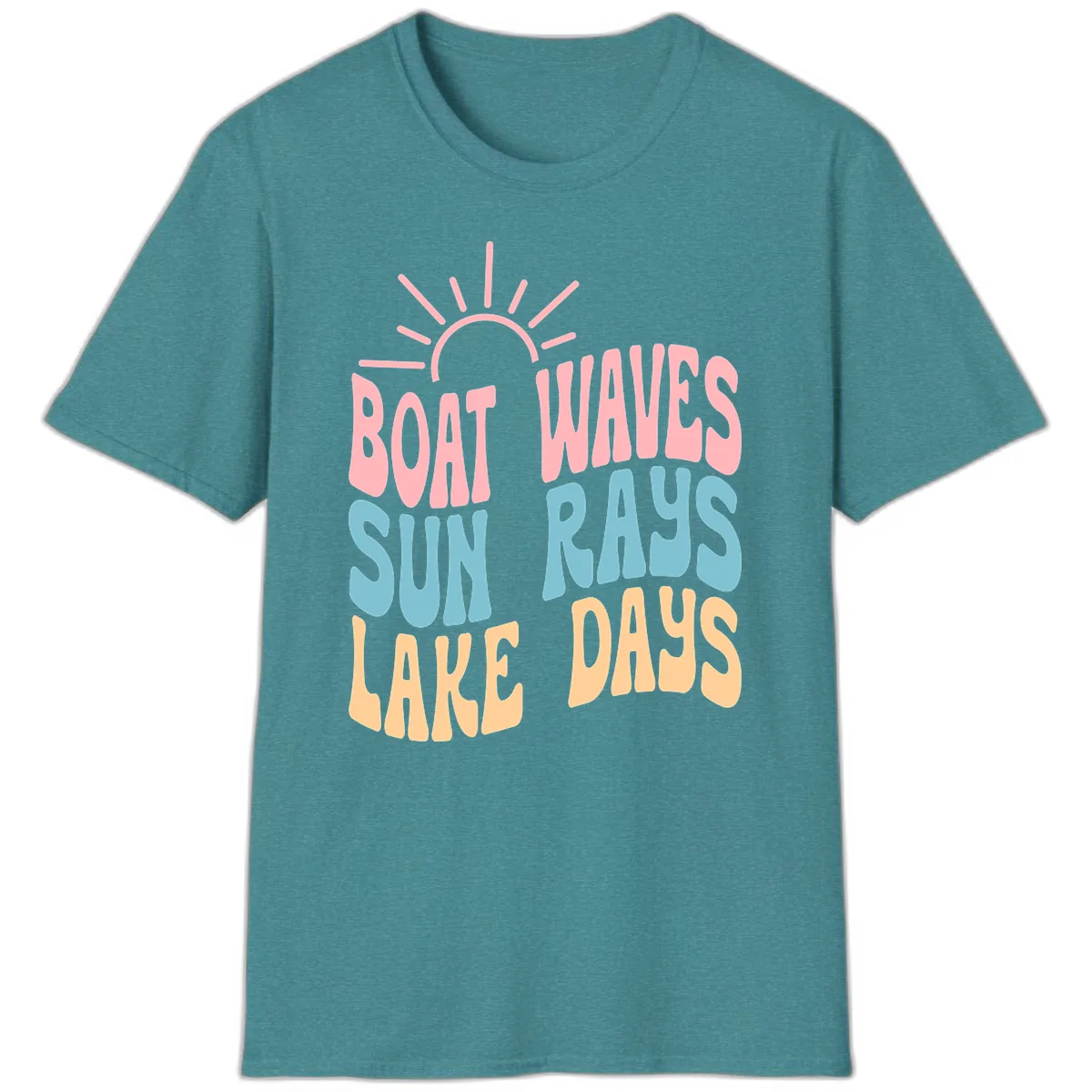 Boat Waves Sun Rays Lake Days T-Shirt in Heather Galapagos Blue